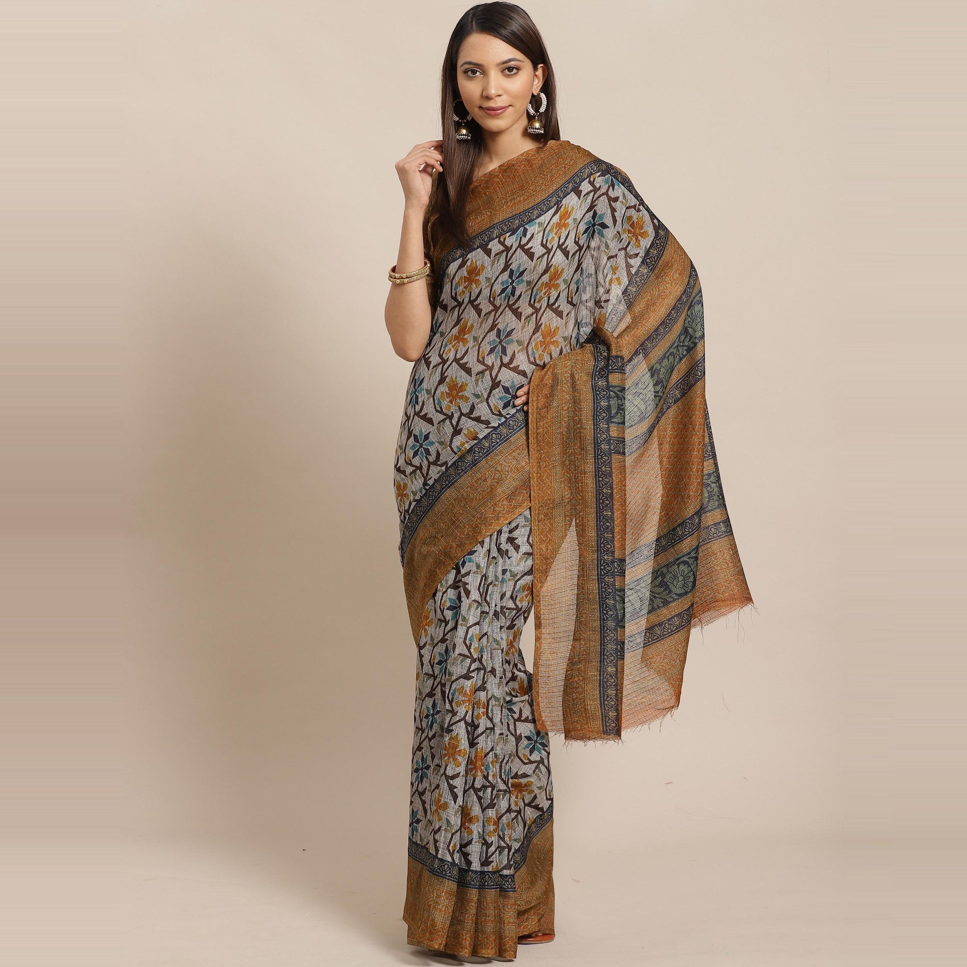 Dazzling Grey - Mustard Colored Casual Wear Printed Silk blend Saree
