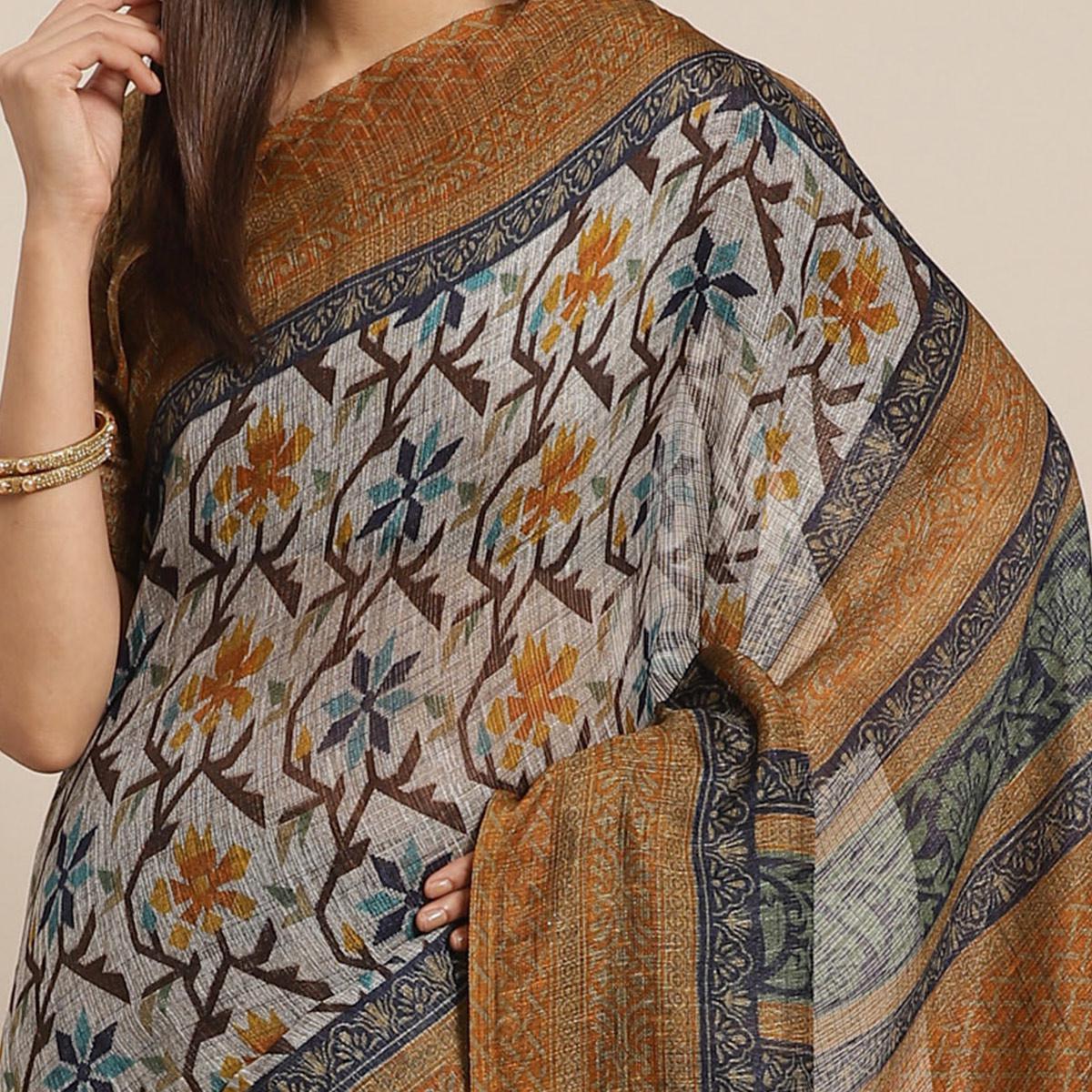 Dazzling Grey - Mustard Colored Casual Wear Printed Silk blend Saree