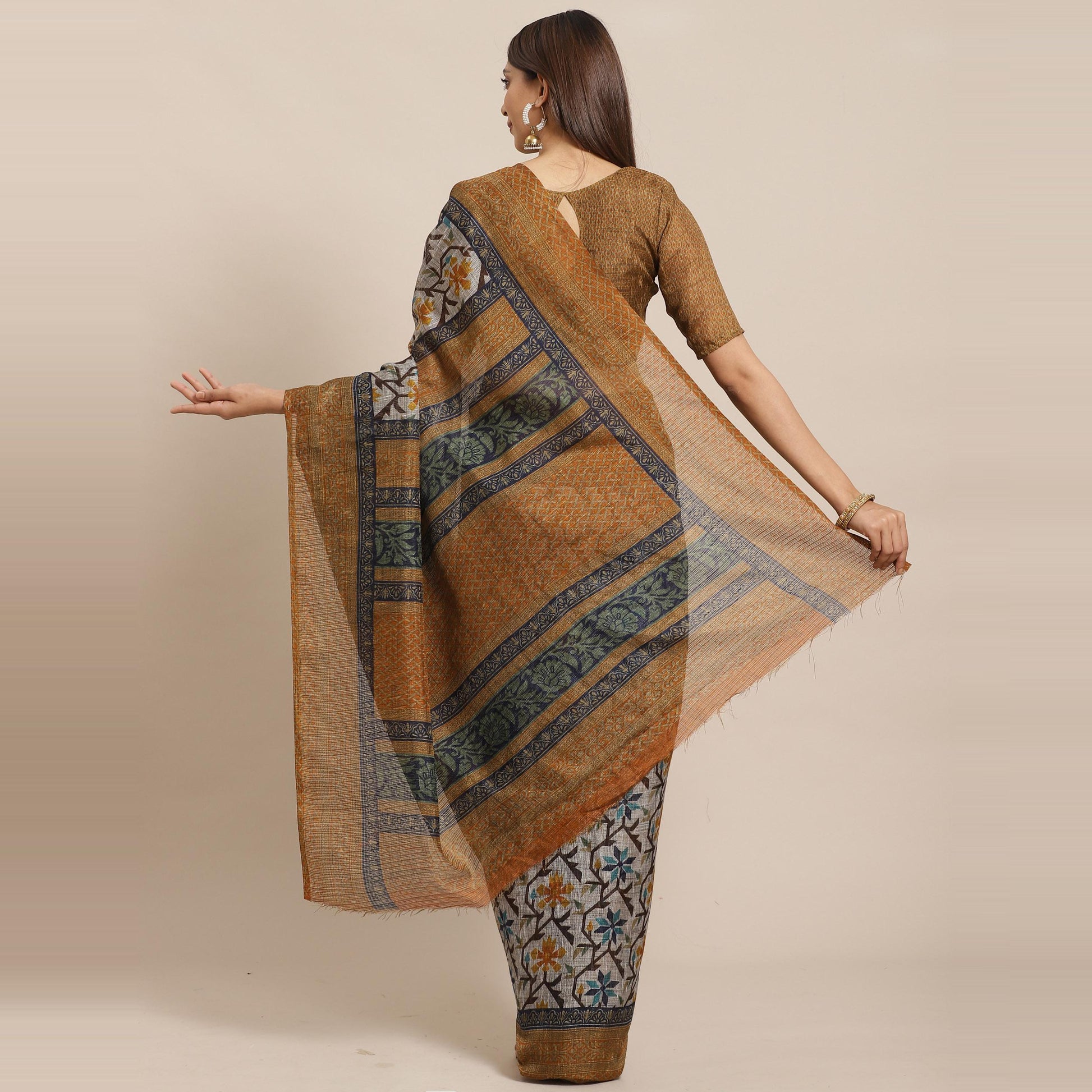 Dazzling Grey - Mustard Colored Casual Wear Printed Silk blend Saree