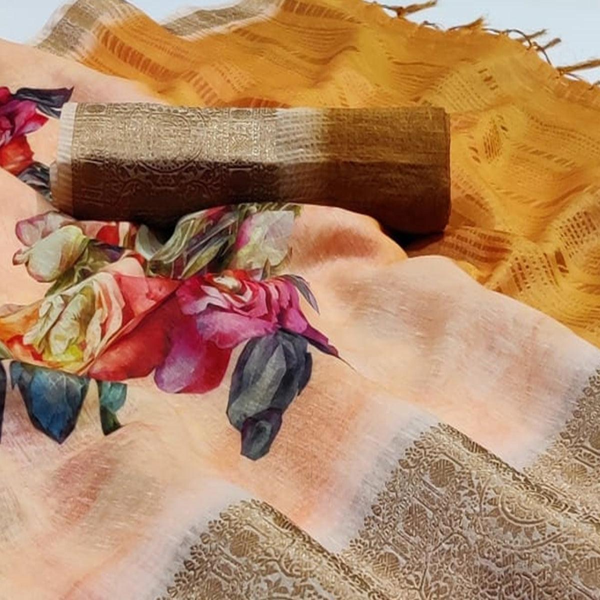 Dazzling Light Peach Colored Festive Wear Woven Banarasi Silk Saree