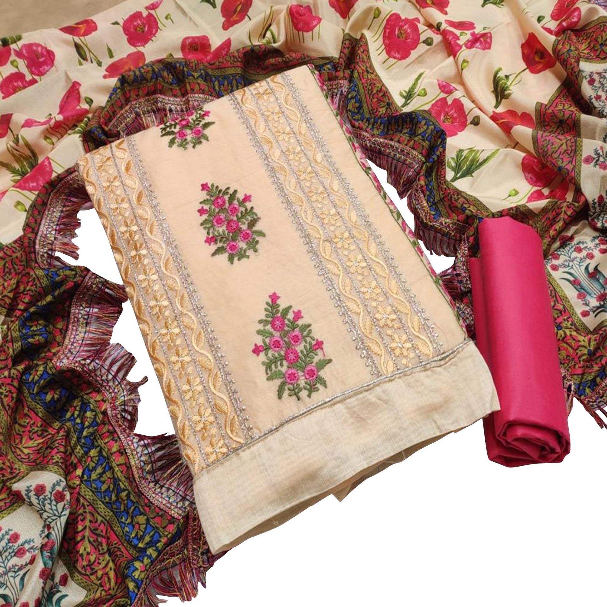 Dazzling Light Yellow Colored Casual Wear Embroidered Chanderi Dress Material