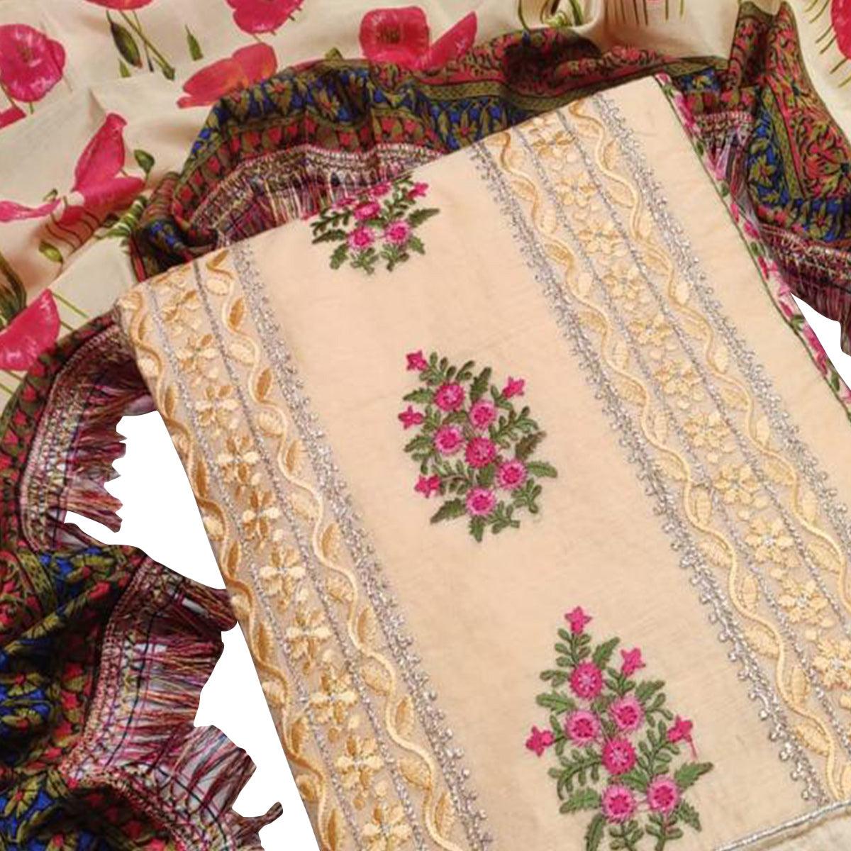 Dazzling Light Yellow Colored Casual Wear Embroidered Chanderi Dress Material