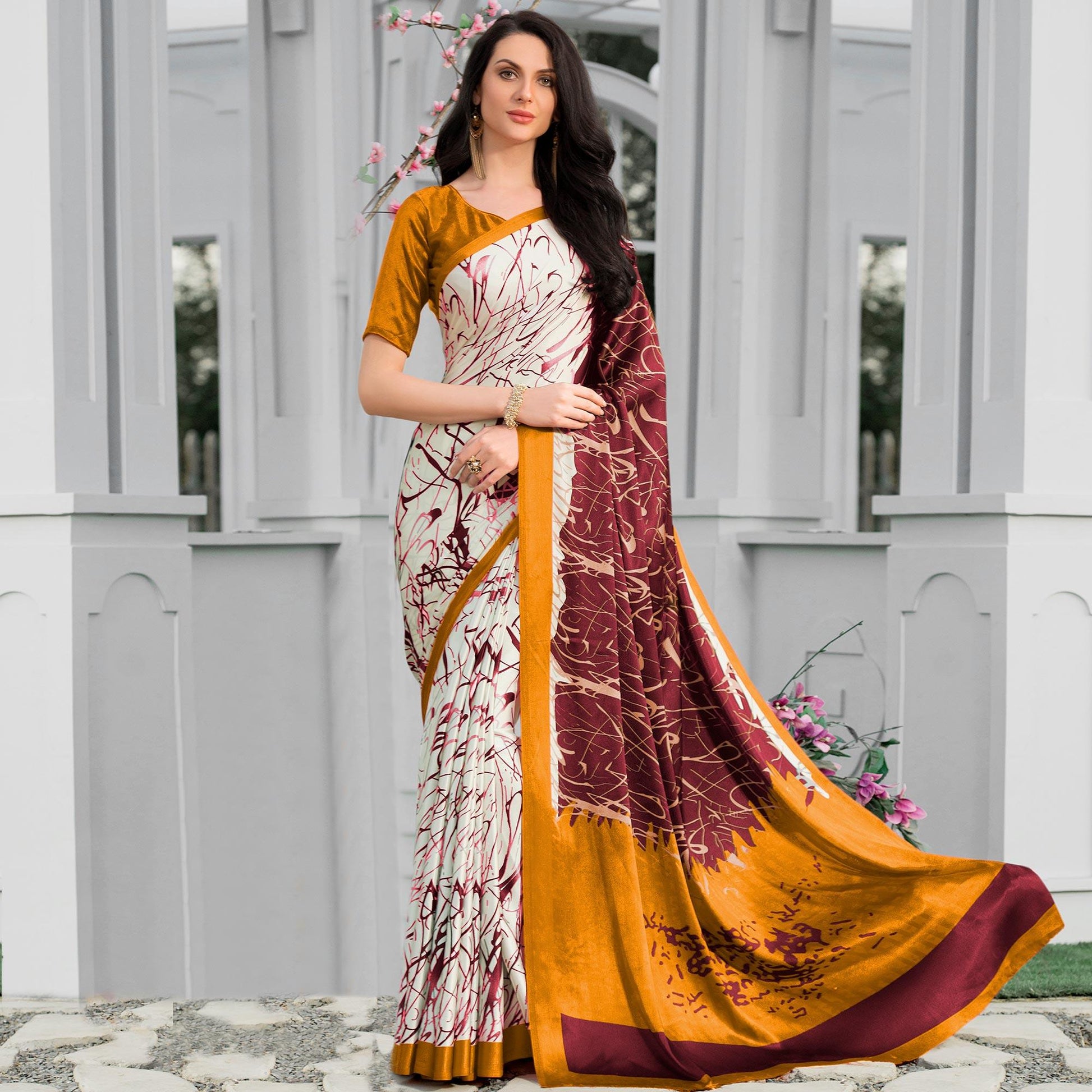 Dazzling Multicolor Colored Party Wear Designer Printed Half-Half Satin Saree