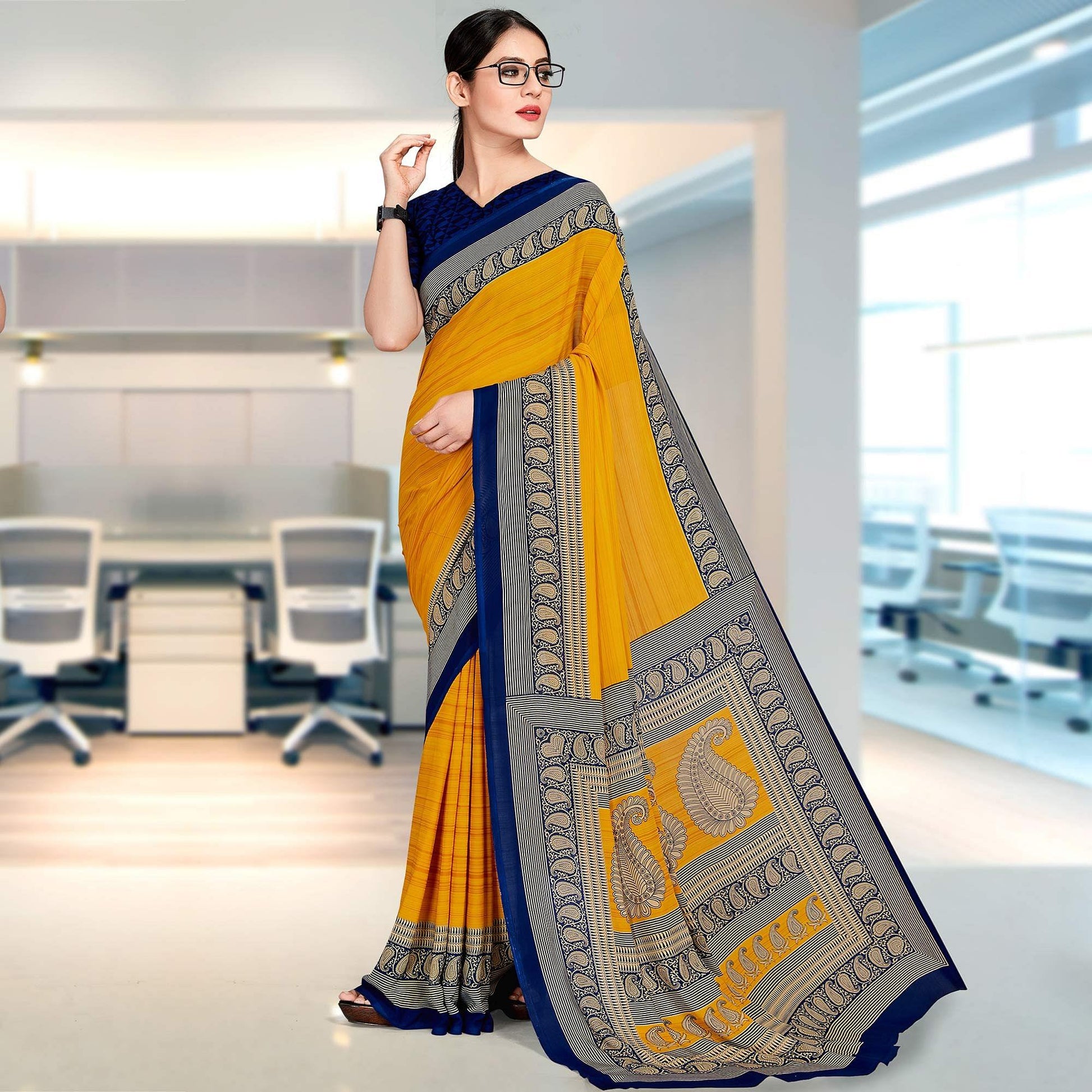 Dazzling Mustard Coloured Casual Wear Printed Georgette Saree