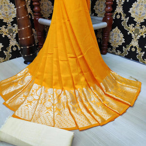 Dazzling Mustard Yellow Colored Festive Wear Woven Vichitra Silk Saree