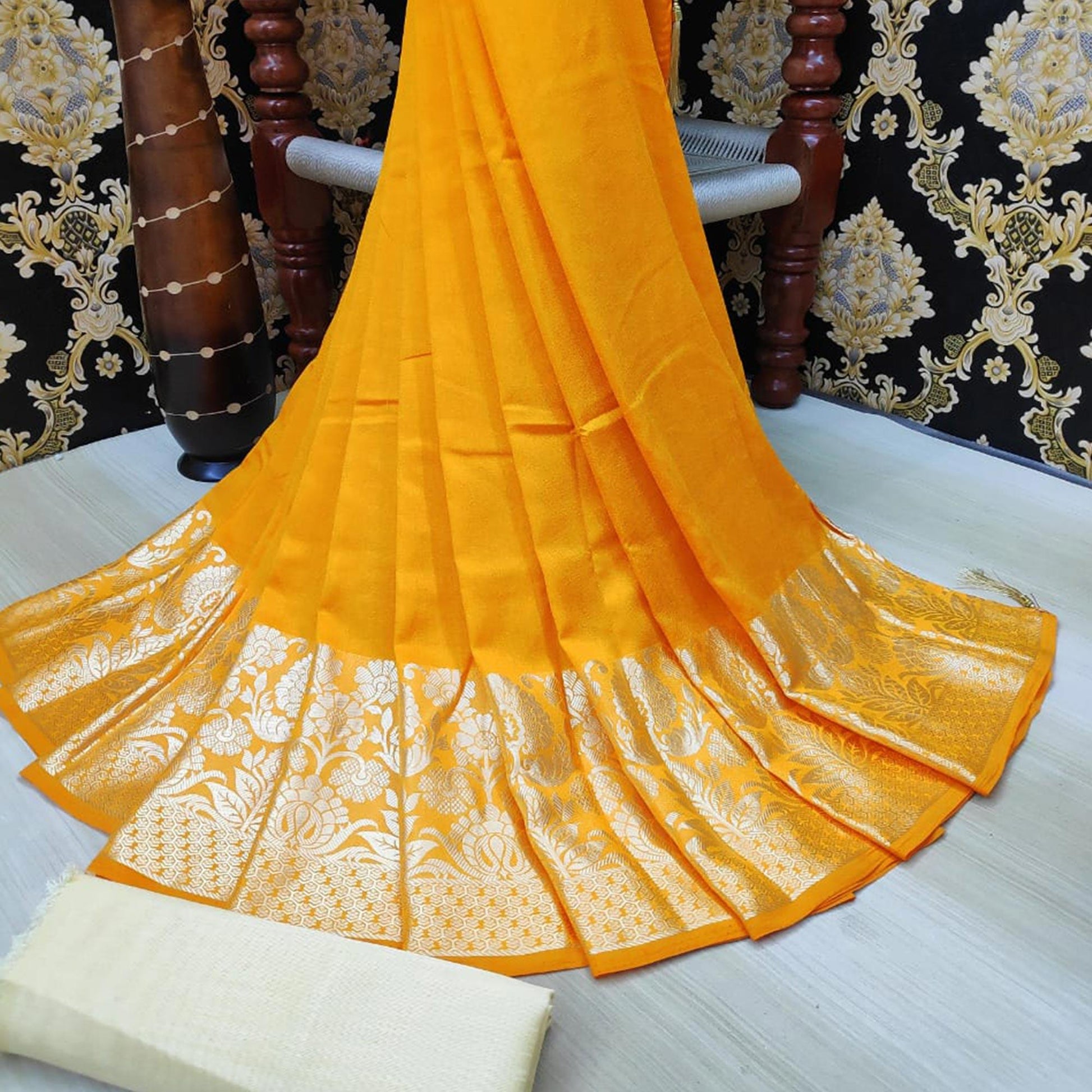 Dazzling Mustard Yellow Colored Festive Wear Woven Vichitra Silk Saree