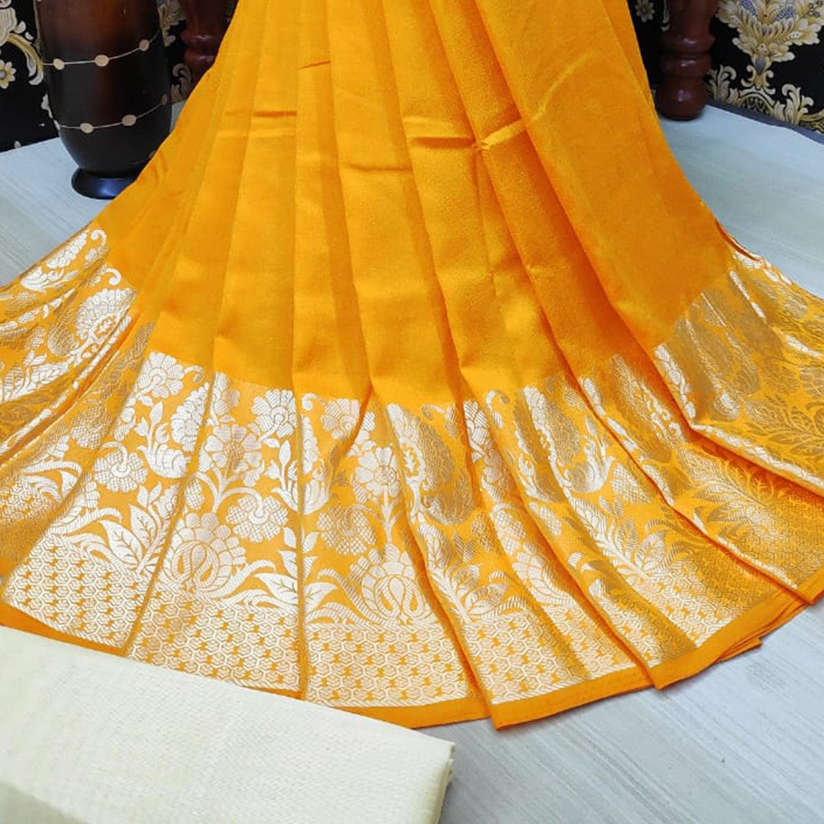 Dazzling Mustard Yellow Colored Festive Wear Woven Vichitra Silk Saree