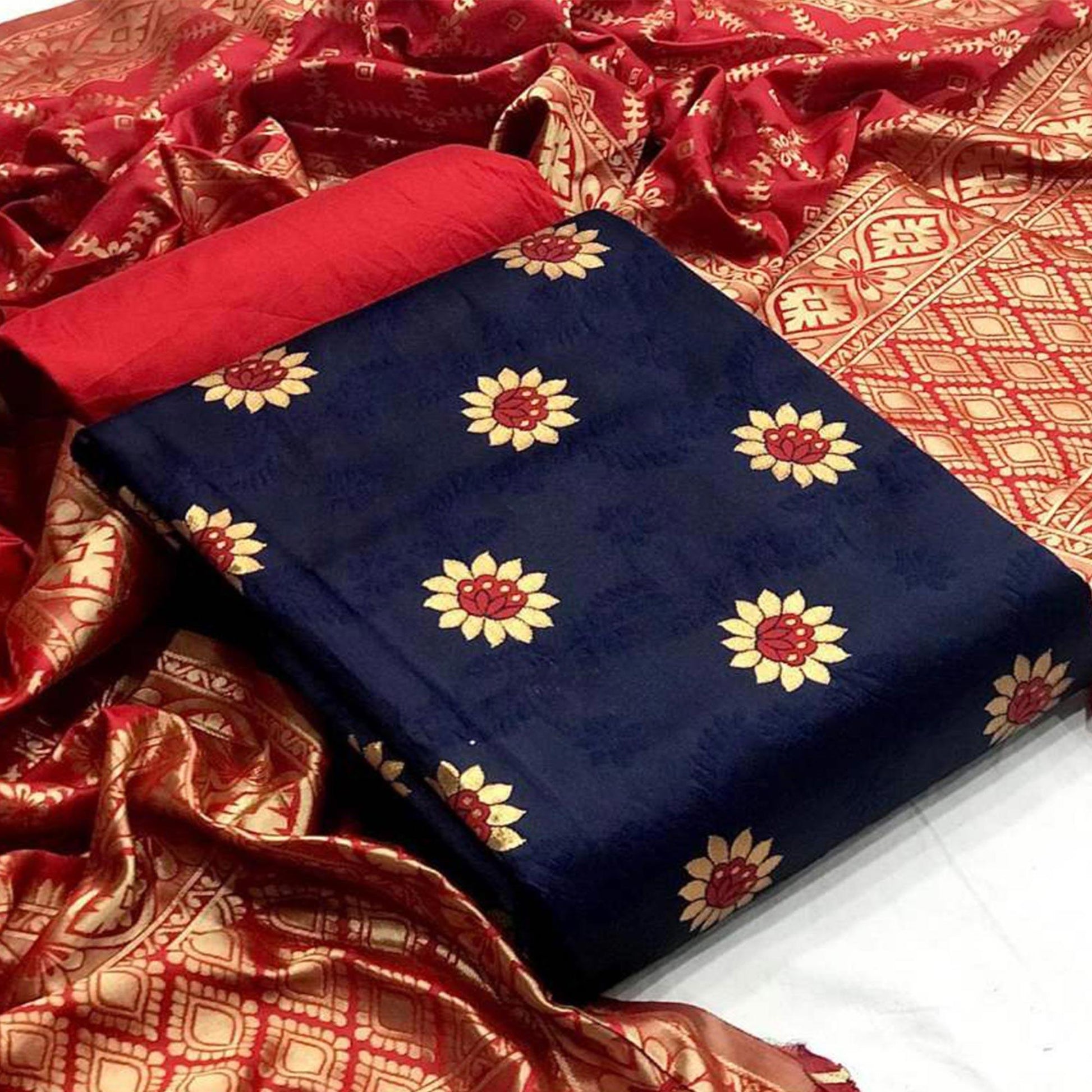 Dazzling Navy Blue Colored Casual Wear Banarasi Silk Dress Material