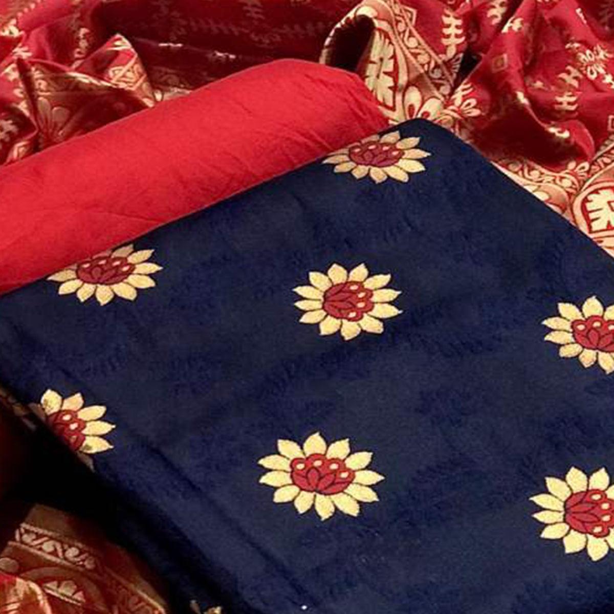 Dazzling Navy Blue Colored Casual Wear Banarasi Silk Dress Material