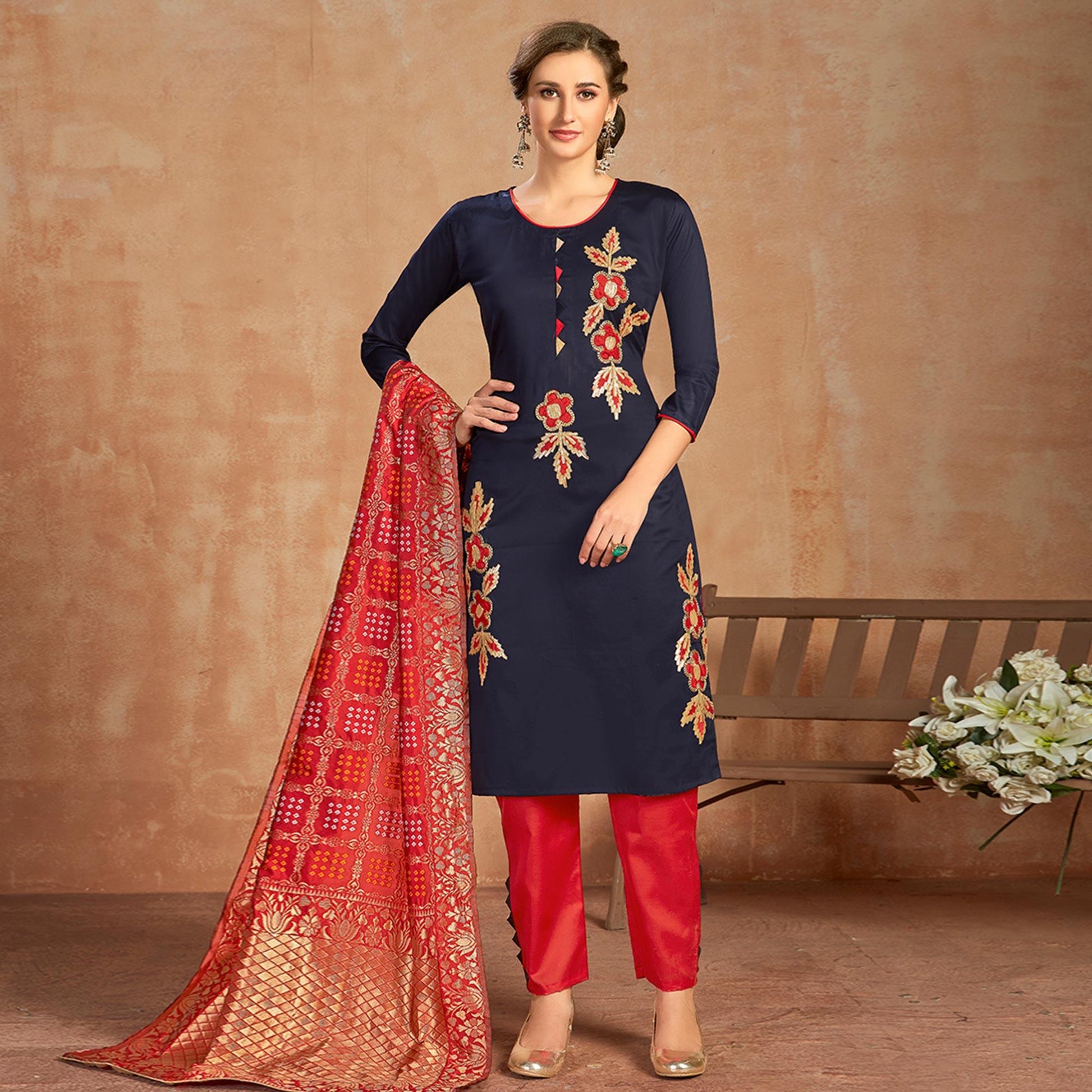 Dazzling Navy Blue Colored Partywear Embroidered Pure Cotton Dress Material