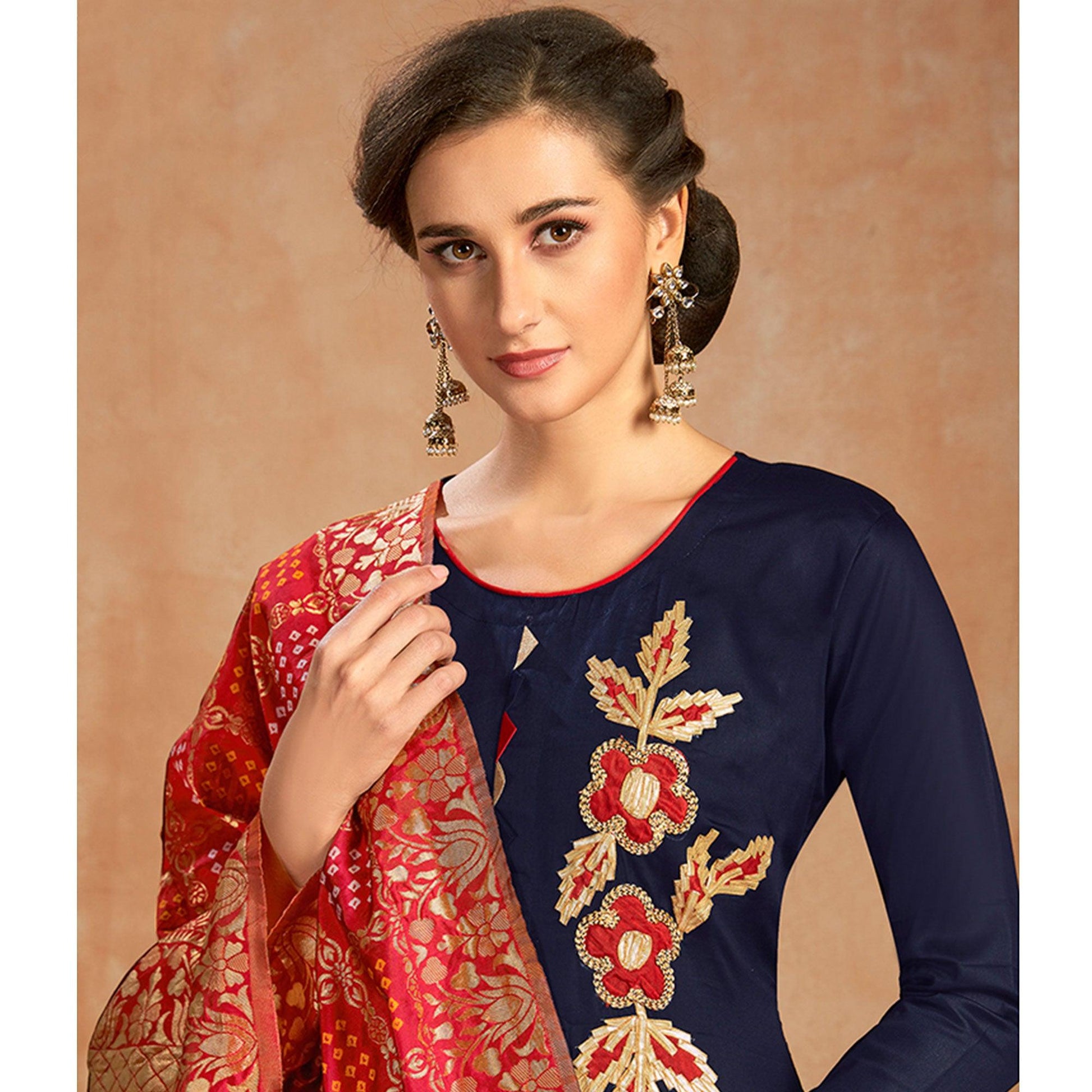 Dazzling Navy Blue Colored Partywear Embroidered Pure Cotton Dress Material