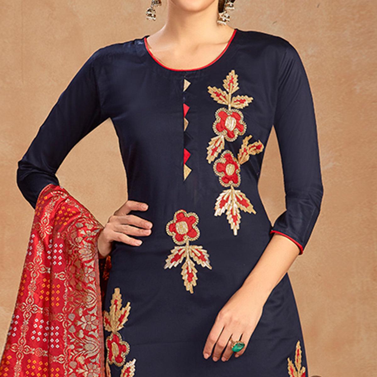 Dazzling Navy Blue Colored Partywear Embroidered Pure Cotton Dress Material