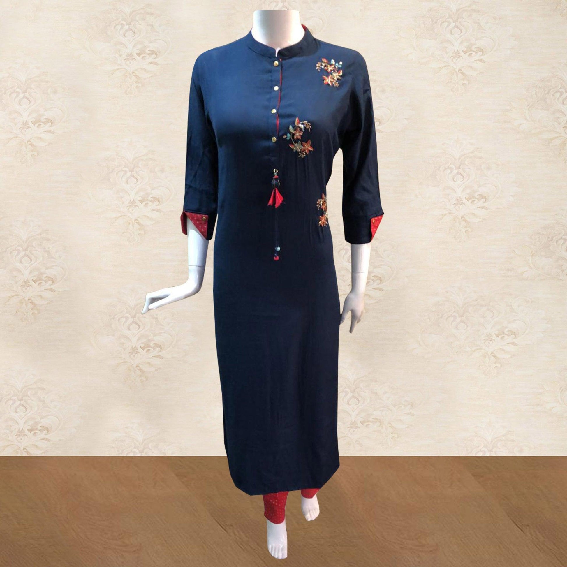 Dazzling Navy Blue Colored Partywear Handwork Cotton Kurti-Pant Set