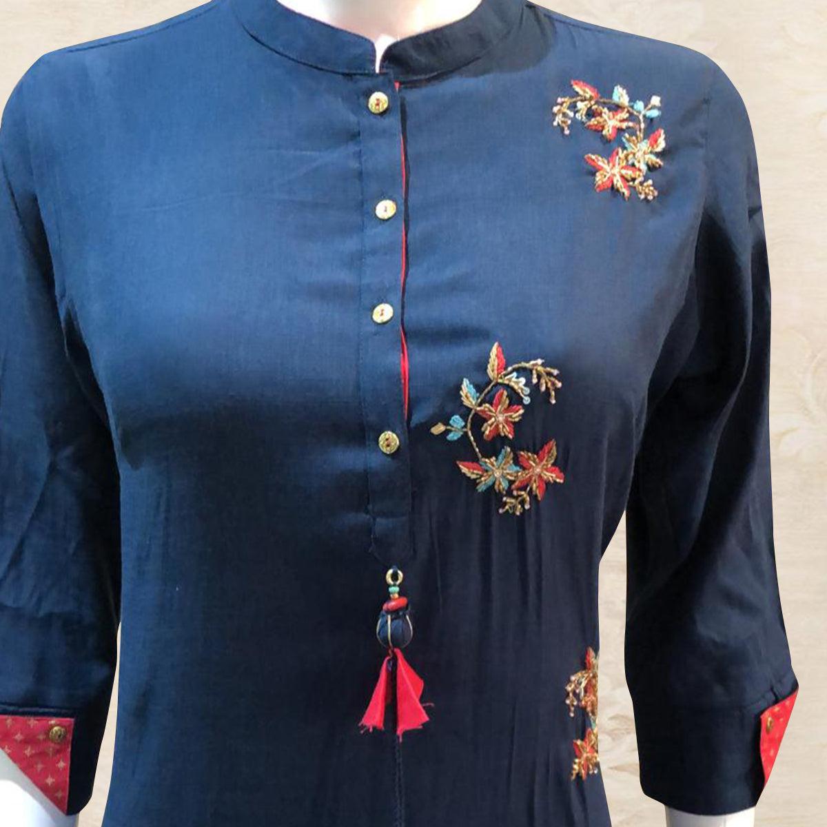 Dazzling Navy Blue Colored Partywear Handwork Cotton Kurti-Pant Set
