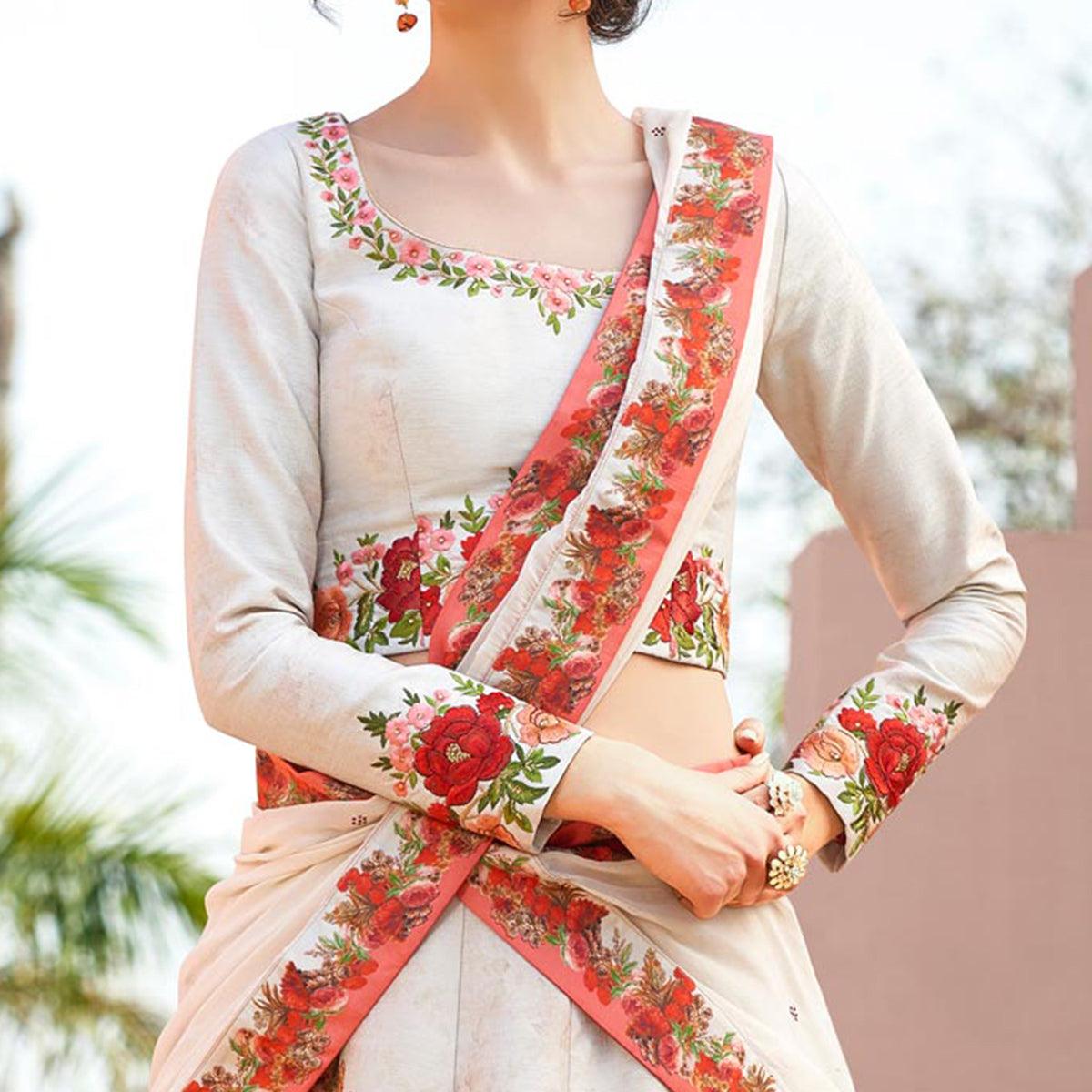 Dazzling Off-White Colored Designer Partywear Embroidered Silk Lehenga Choli