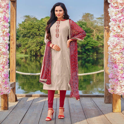 Dazzling Offwhite Colored Partywear Embroidered Modal Cotton Dress Material