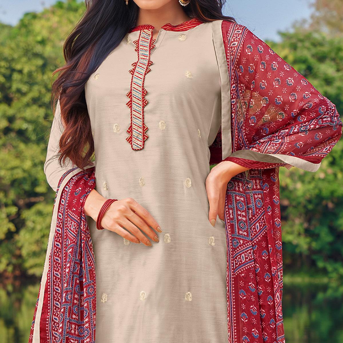 Dazzling Offwhite Colored Partywear Embroidered Modal Cotton Dress Material