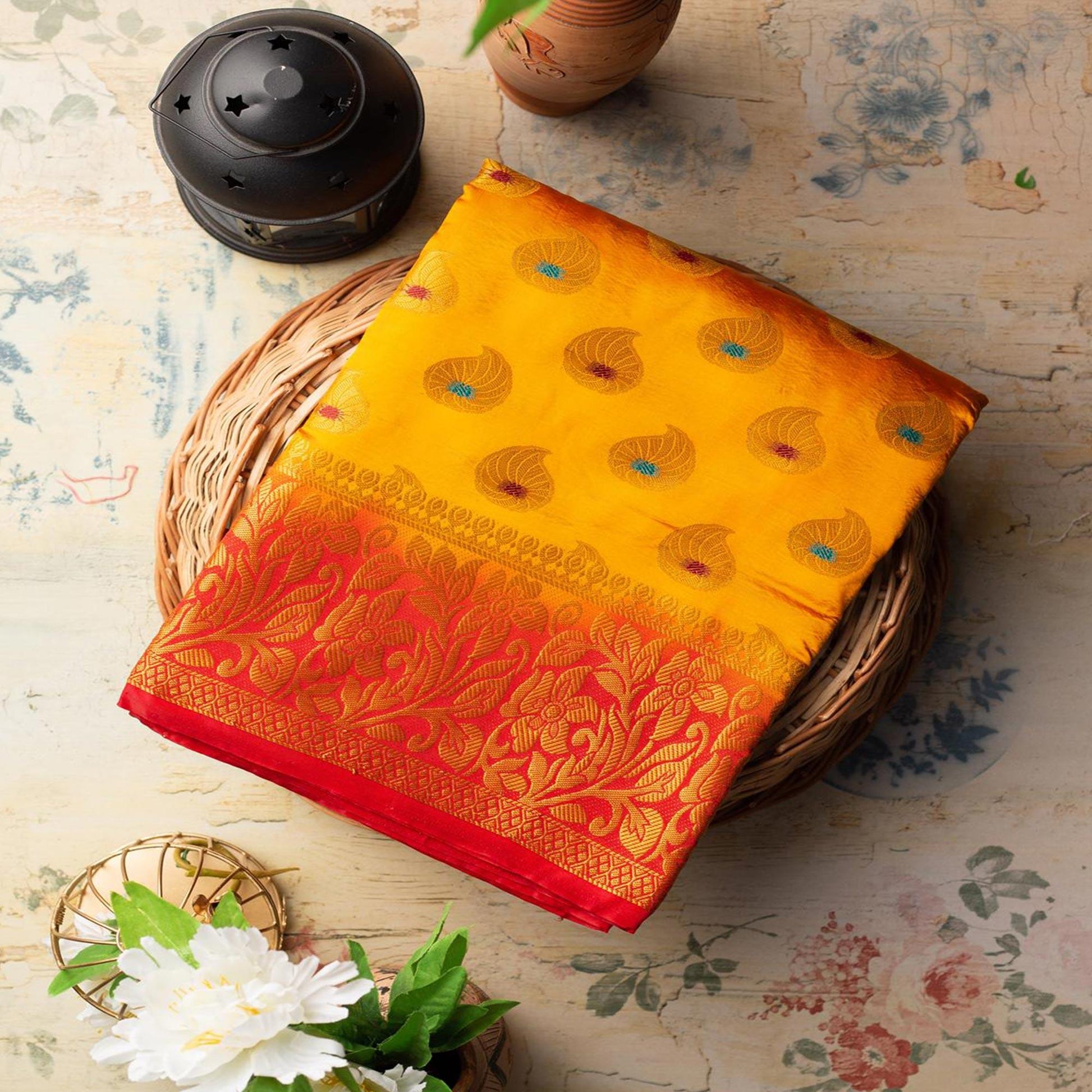 Dazzling Orange Colored Festive Wear Woven Art Silk Saree