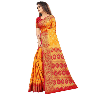 Dazzling Orange Colored Festive Wear Woven Art Silk Saree