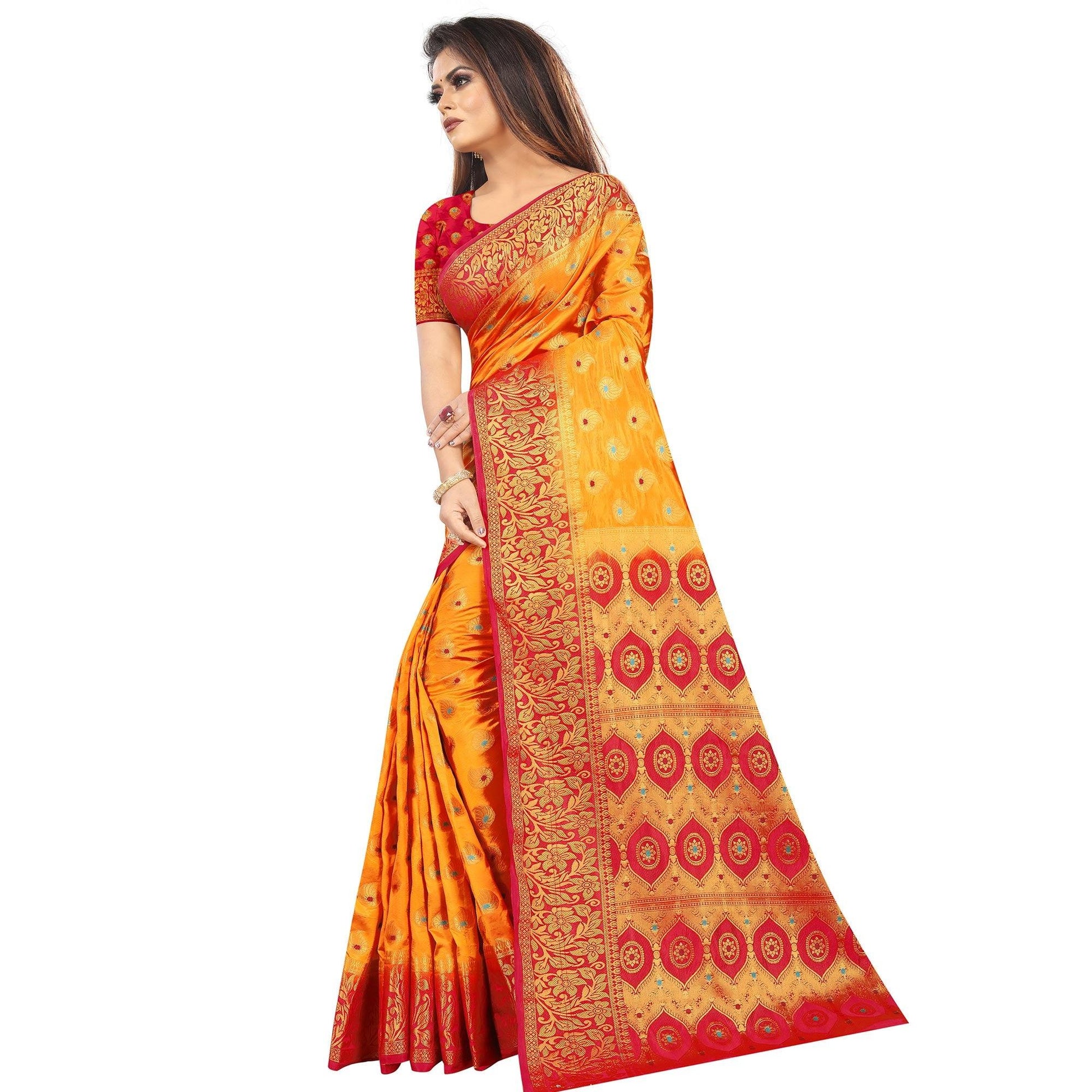Dazzling Orange Colored Festive Wear Woven Art Silk Saree