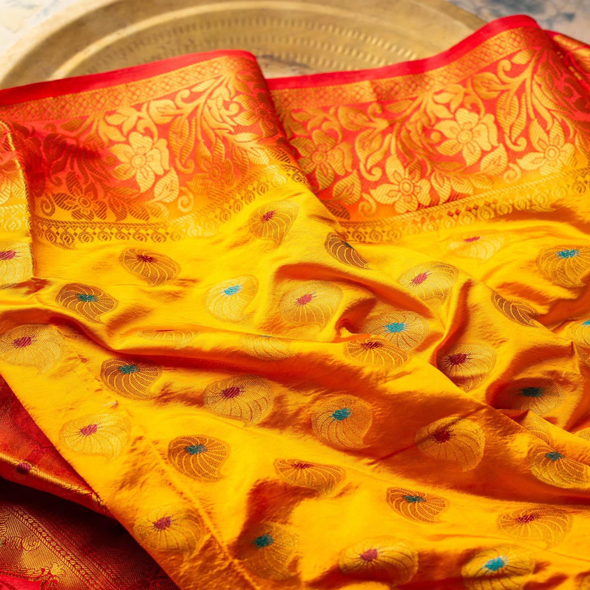 Dazzling Orange Colored Festive Wear Woven Art Silk Saree