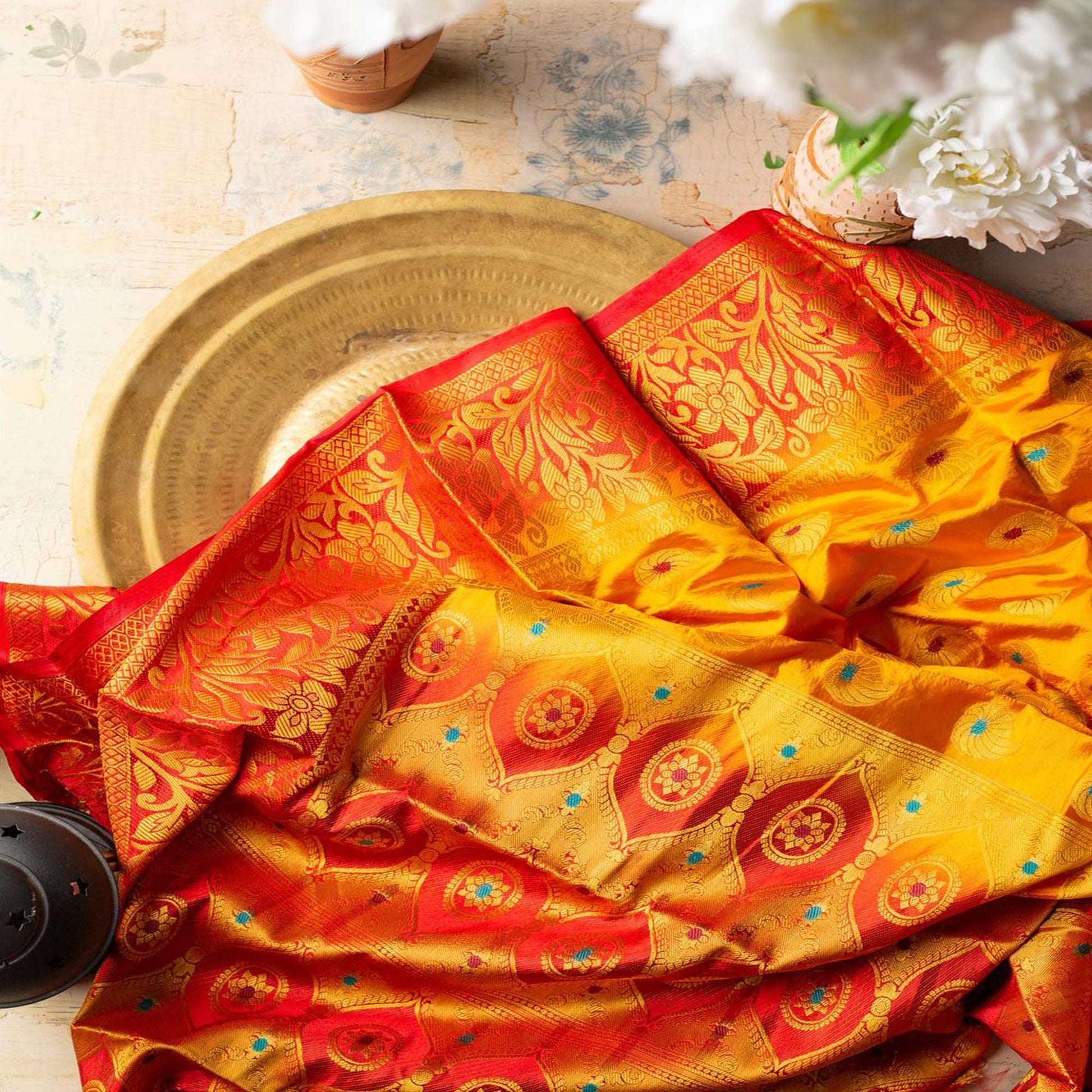 Dazzling Orange Colored Festive Wear Woven Art Silk Saree