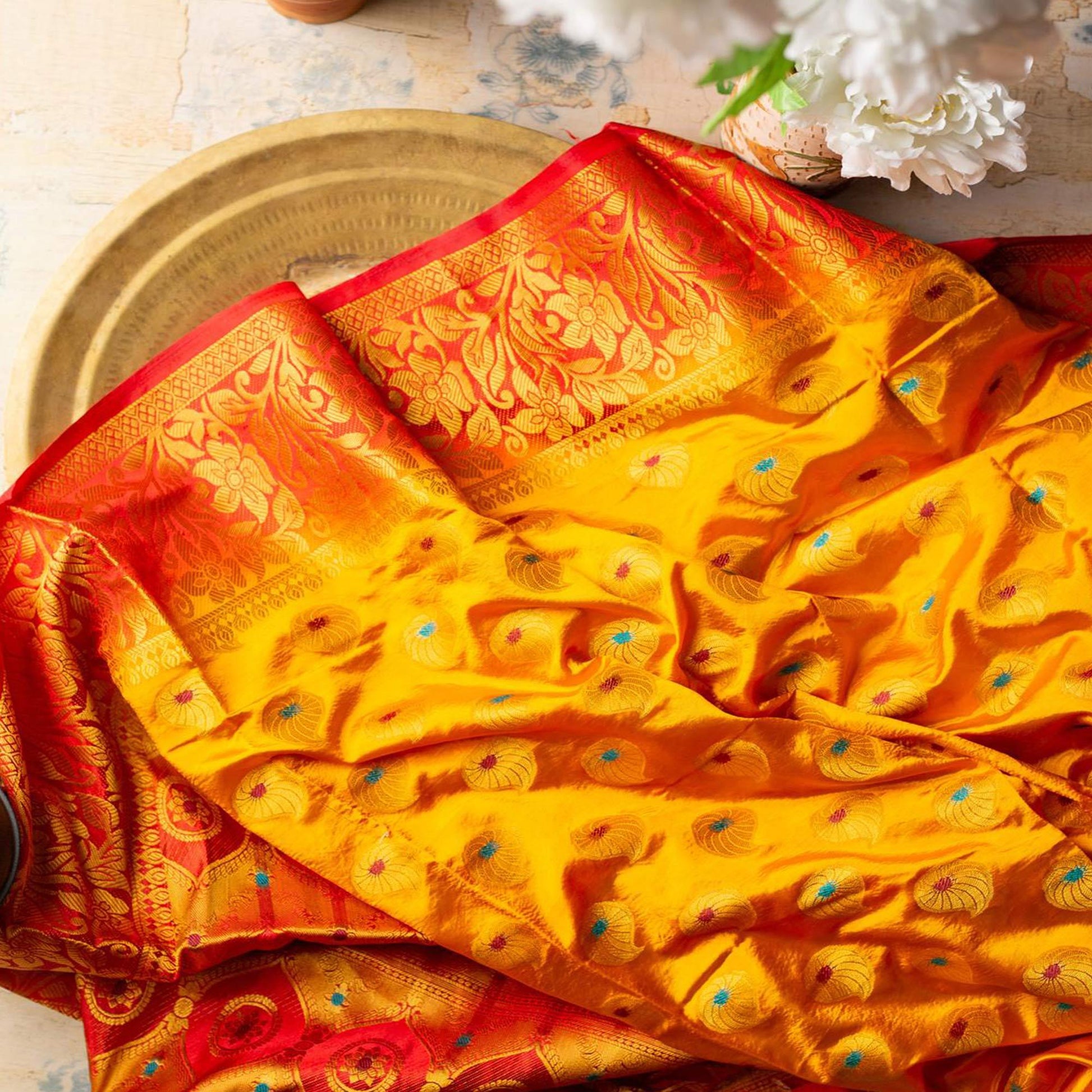 Dazzling Orange Colored Festive Wear Woven Art Silk Saree