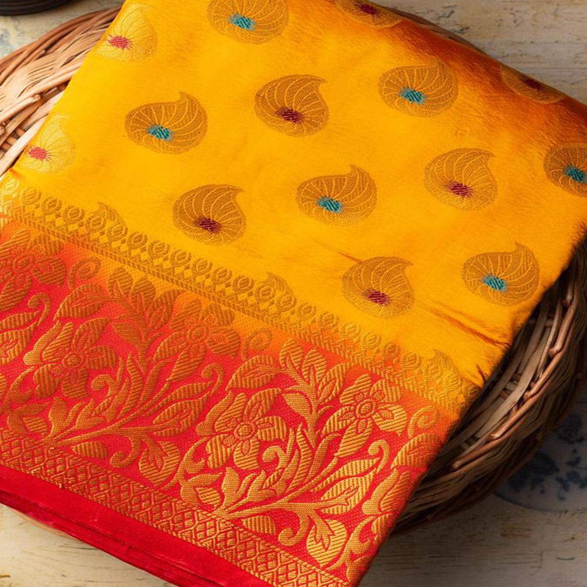 Dazzling Orange Colored Festive Wear Woven Art Silk Saree