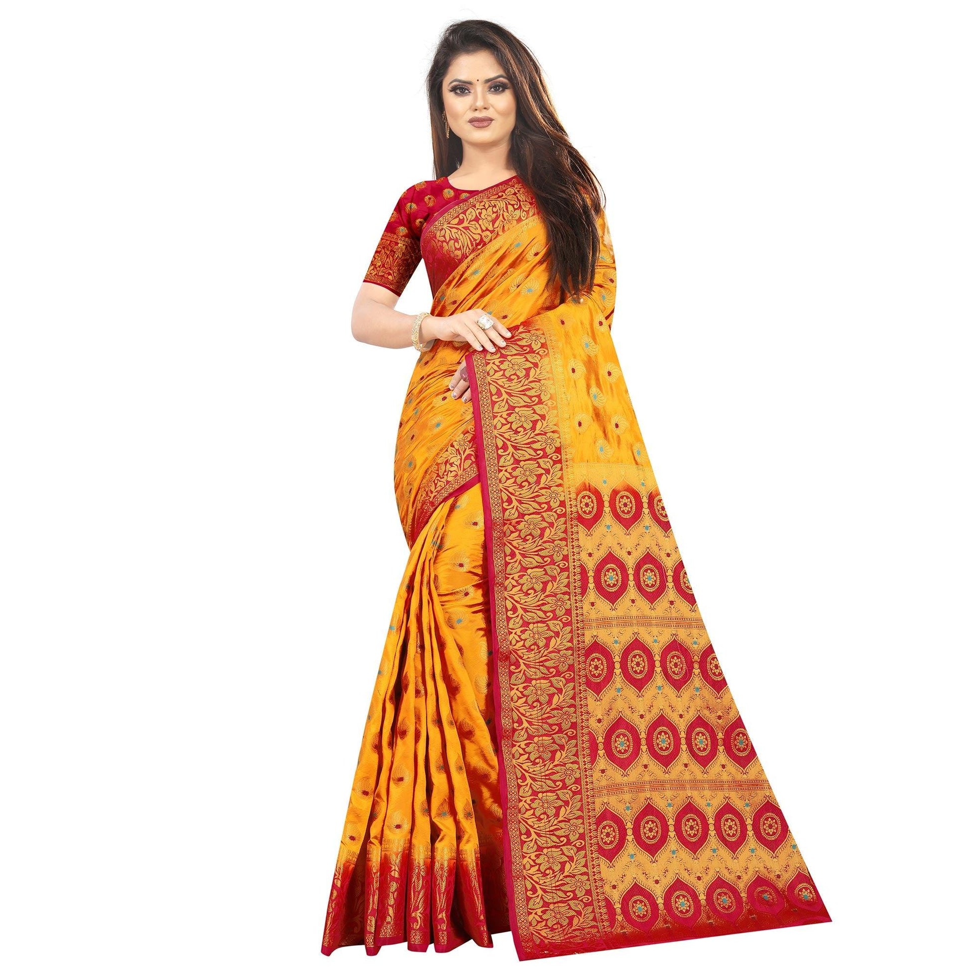 Dazzling Orange Colored Festive Wear Woven Art Silk Saree