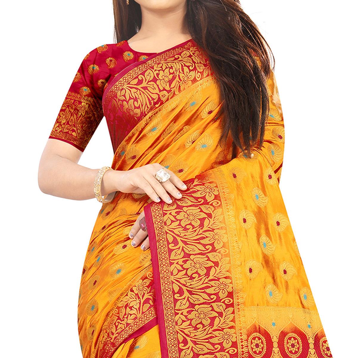 Dazzling Orange Colored Festive Wear Woven Art Silk Saree