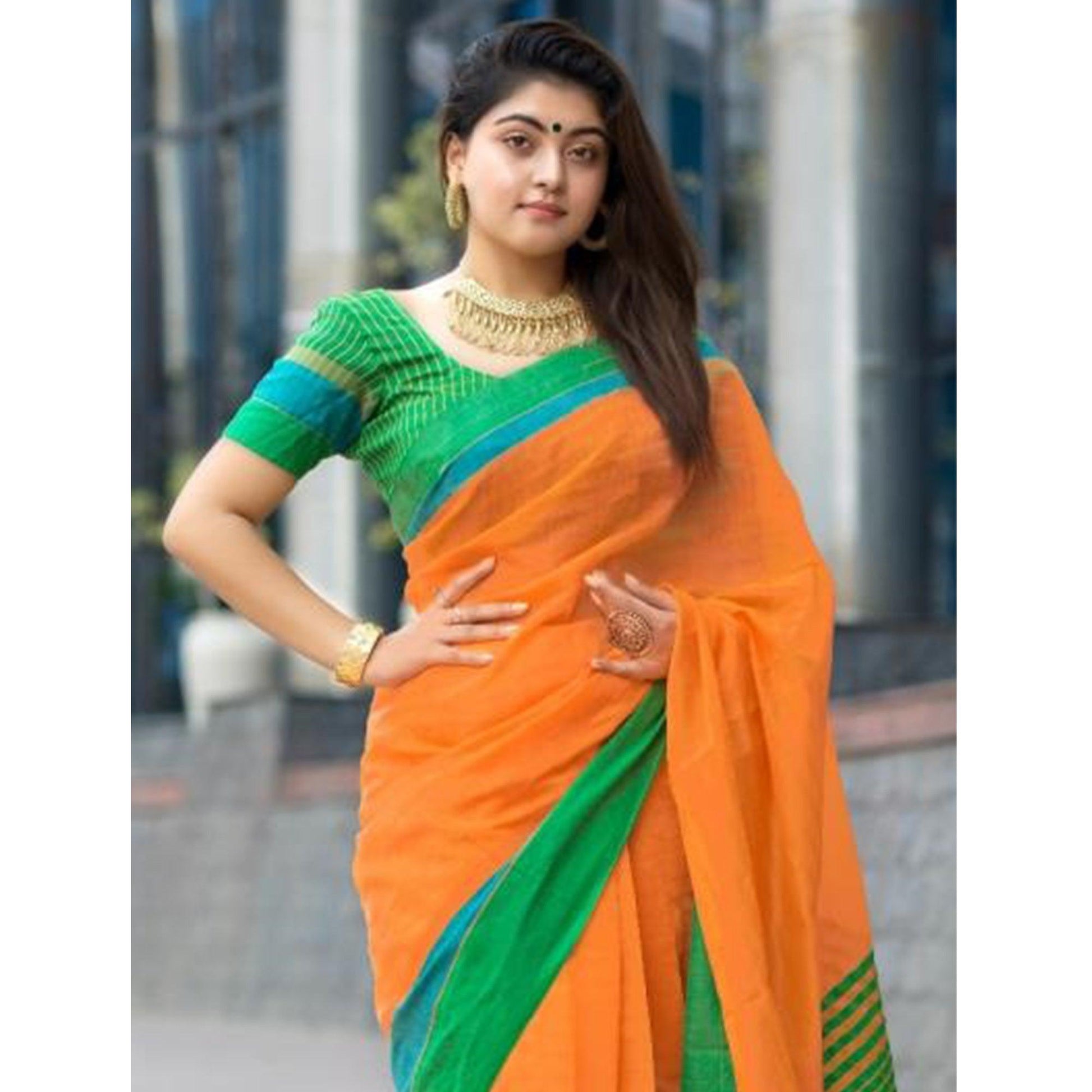 Dazzling Orange Colored Festive Wear Woven Cotton Saree