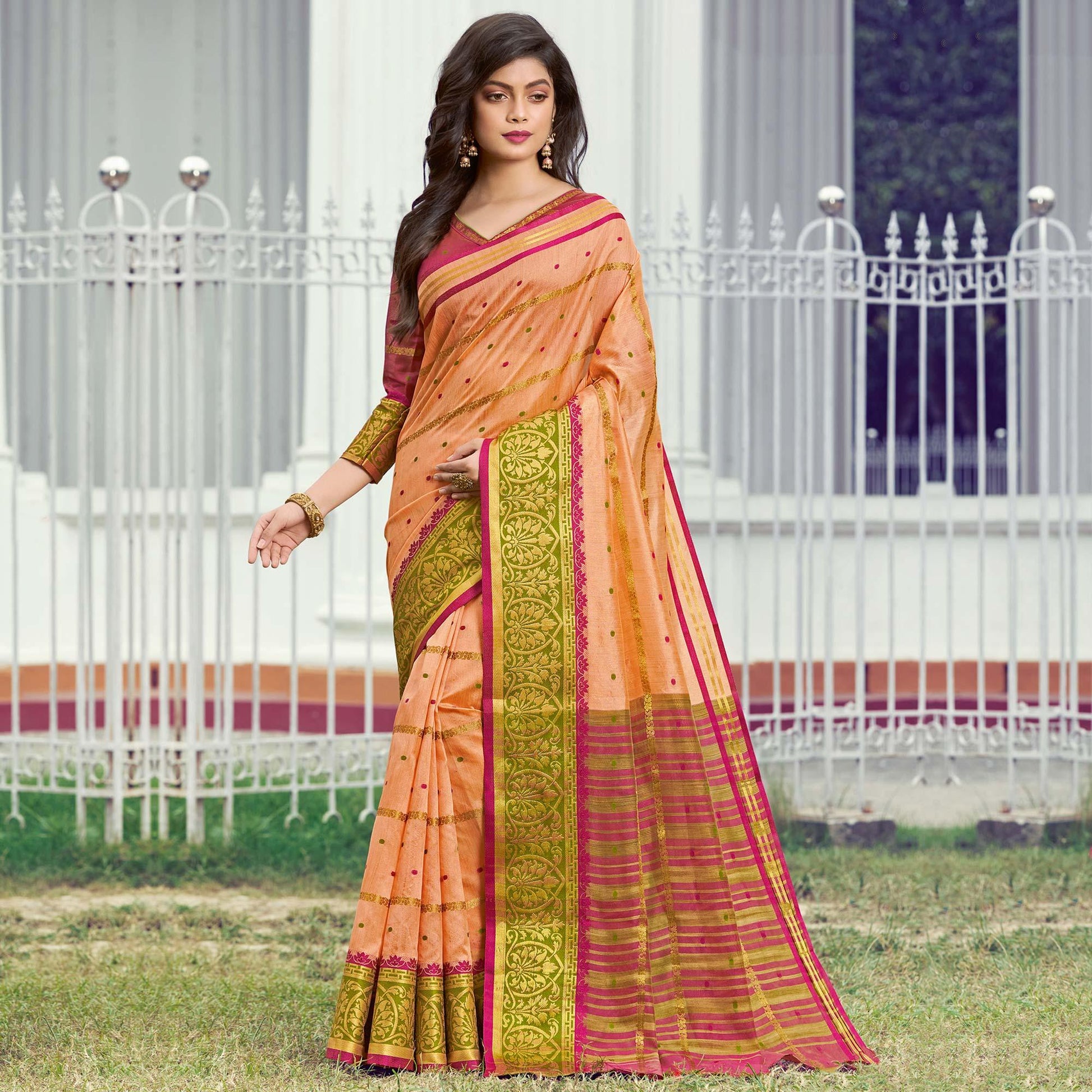 Dazzling Peach Colored Festive Wear Woven Handloom Silk Saree