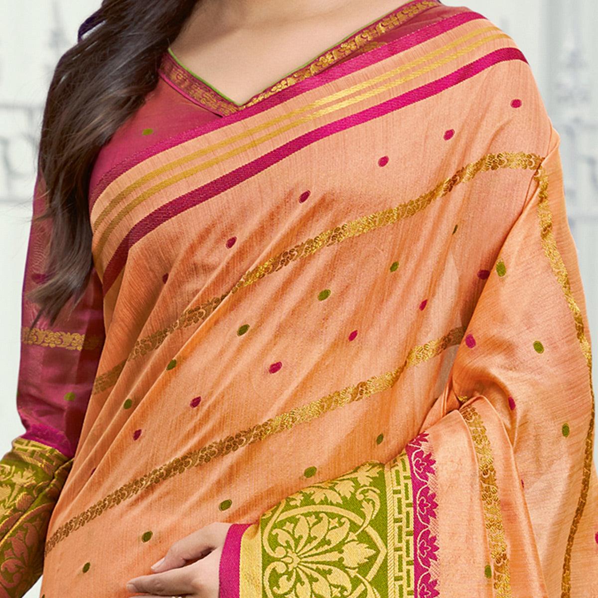 Dazzling Peach Colored Festive Wear Woven Handloom Silk Saree