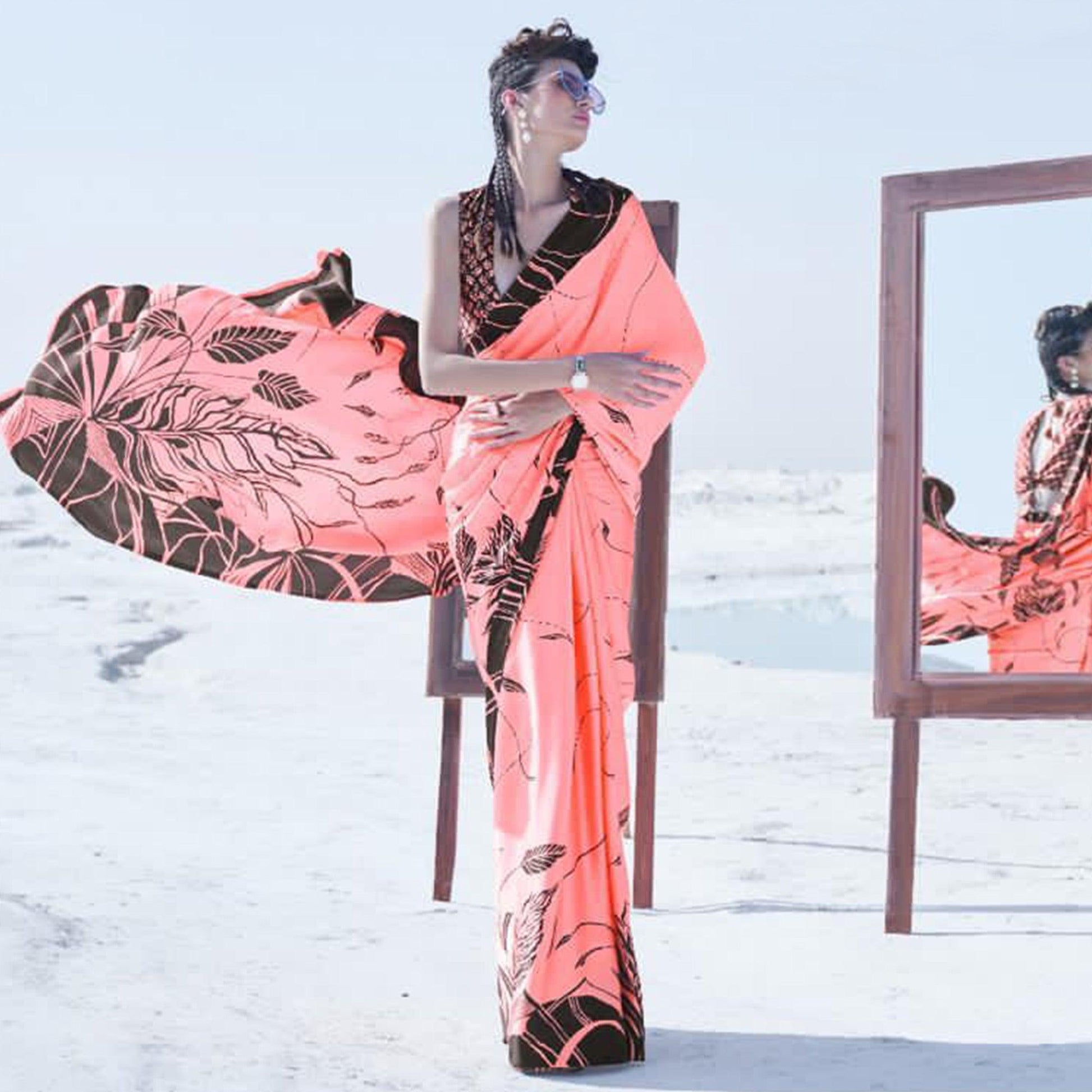 Dazzling Pink Colored Casual Wear Printed Satin Crepe Saree