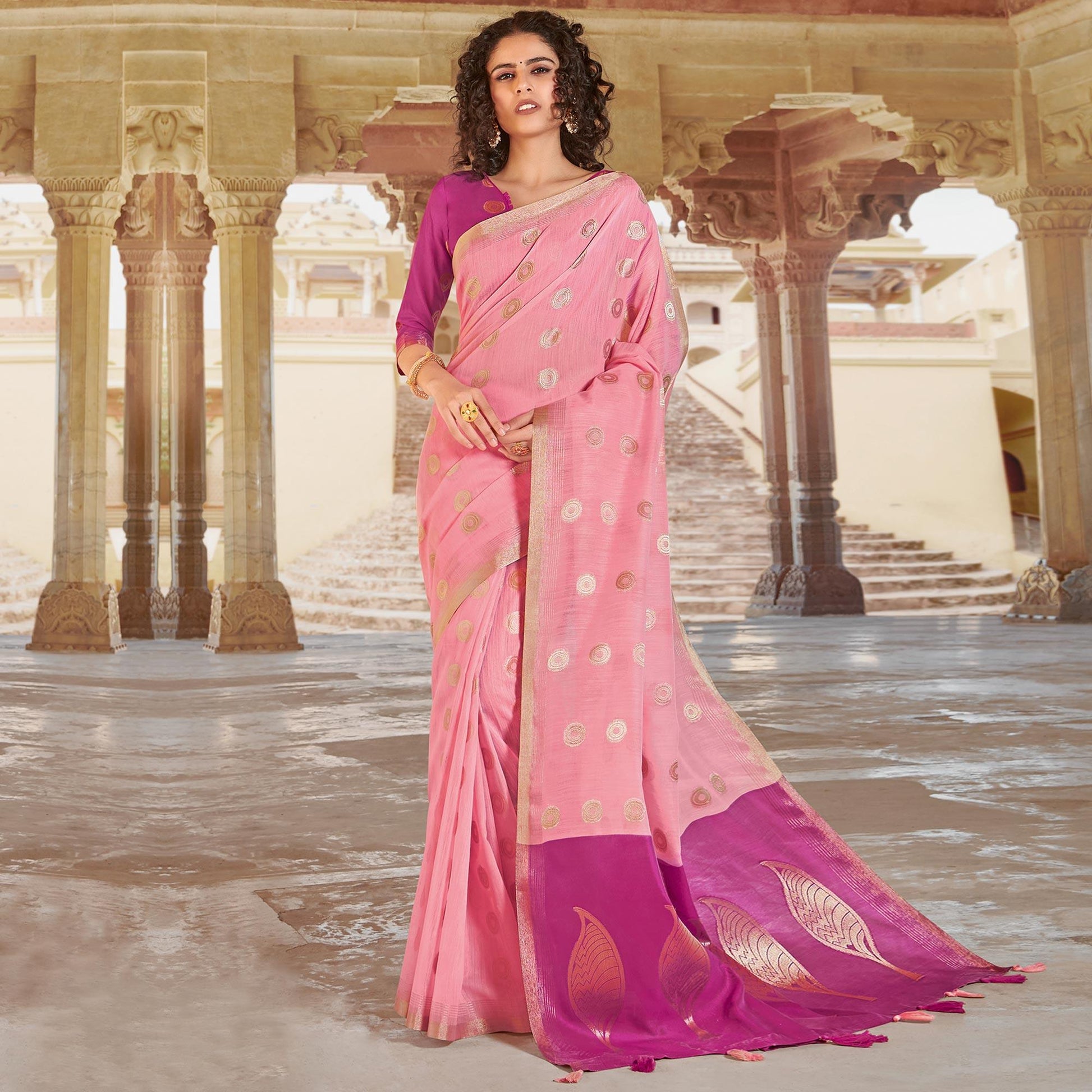 Dazzling Pink Colored Festive Wear Woven Linen Cotton Saree With Tassels