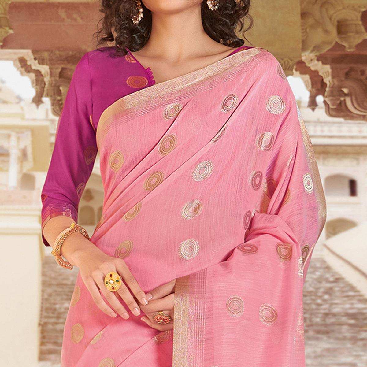 Dazzling Pink Colored Festive Wear Woven Linen Cotton Saree With Tassels
