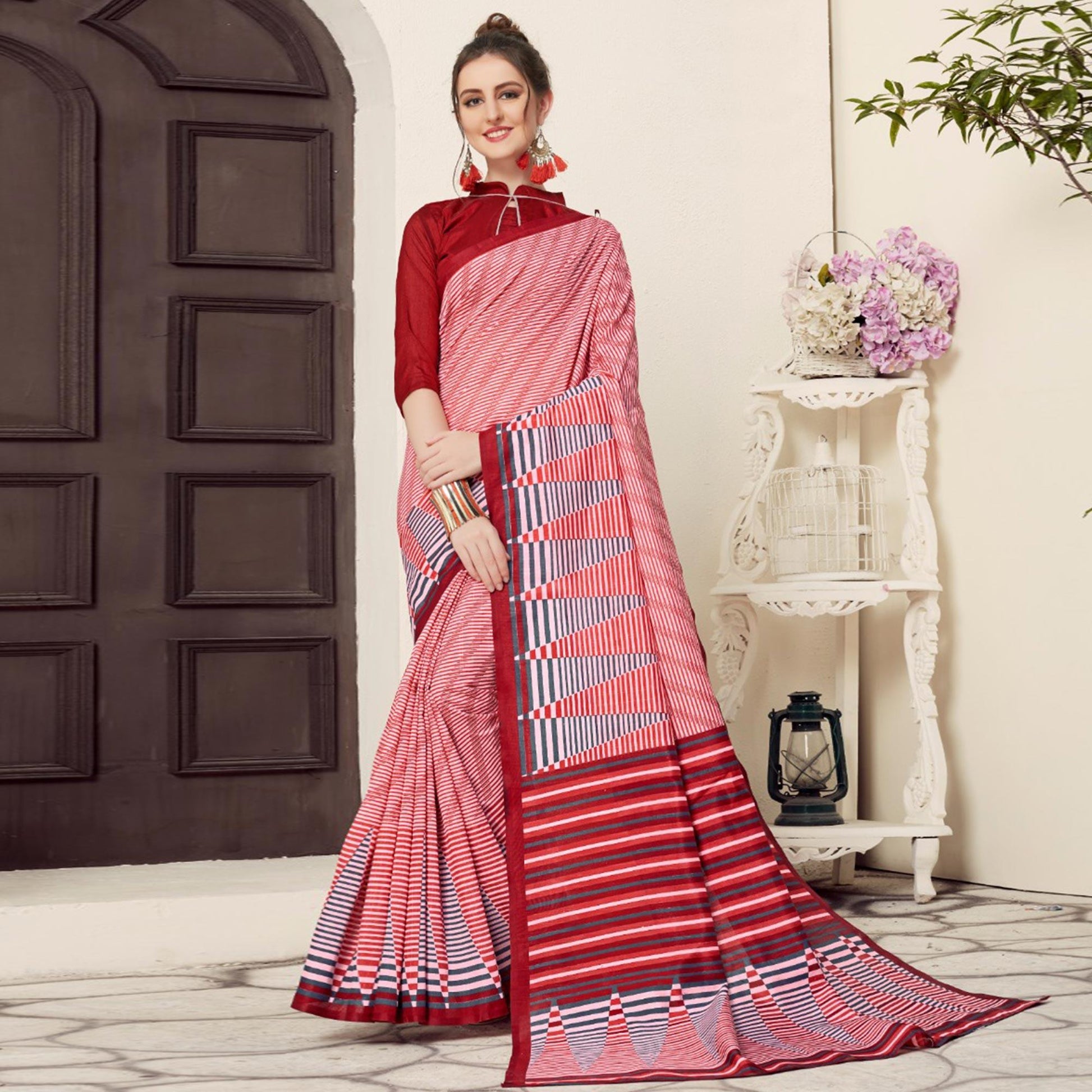 Dazzling Red Colored Casual Printed Bhagalpuri Silk Saree