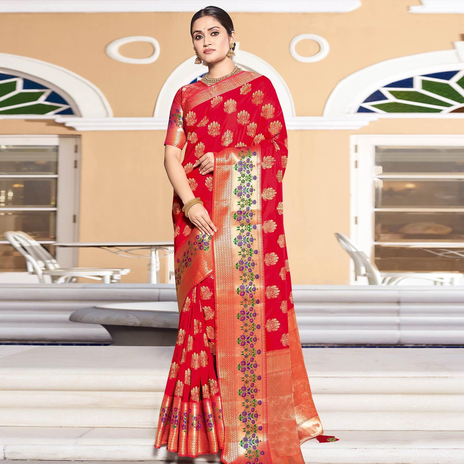 Dazzling Red Colored Festive Wear Woven Silk Saree