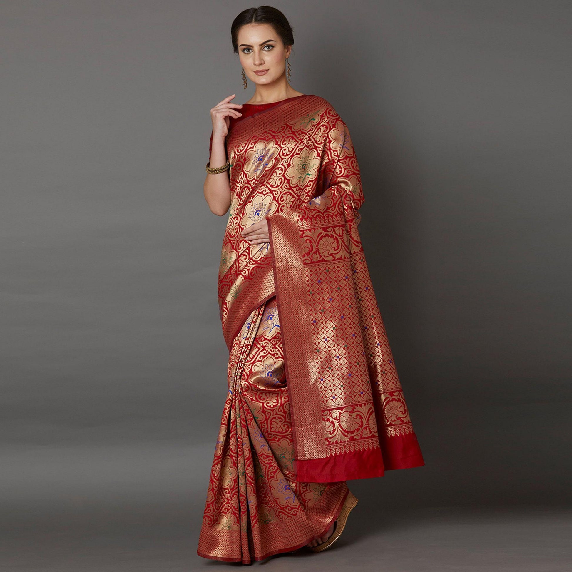 Dazzling Red Colored Festive Wear Woven Silk Saree