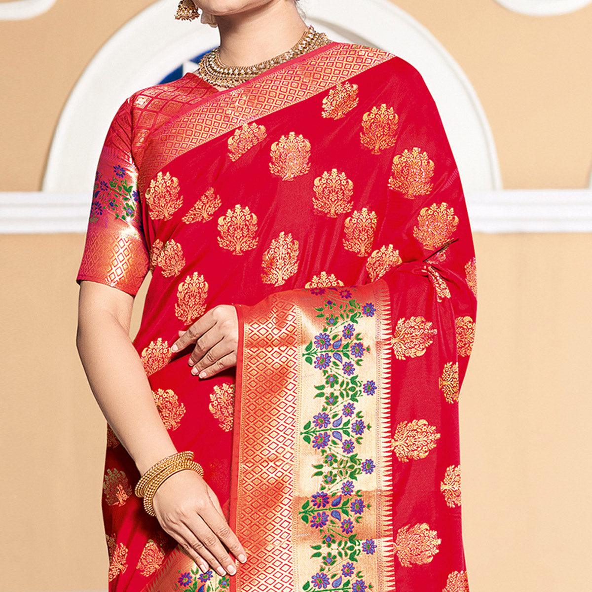 Dazzling Red Colored Festive Wear Woven Silk Saree