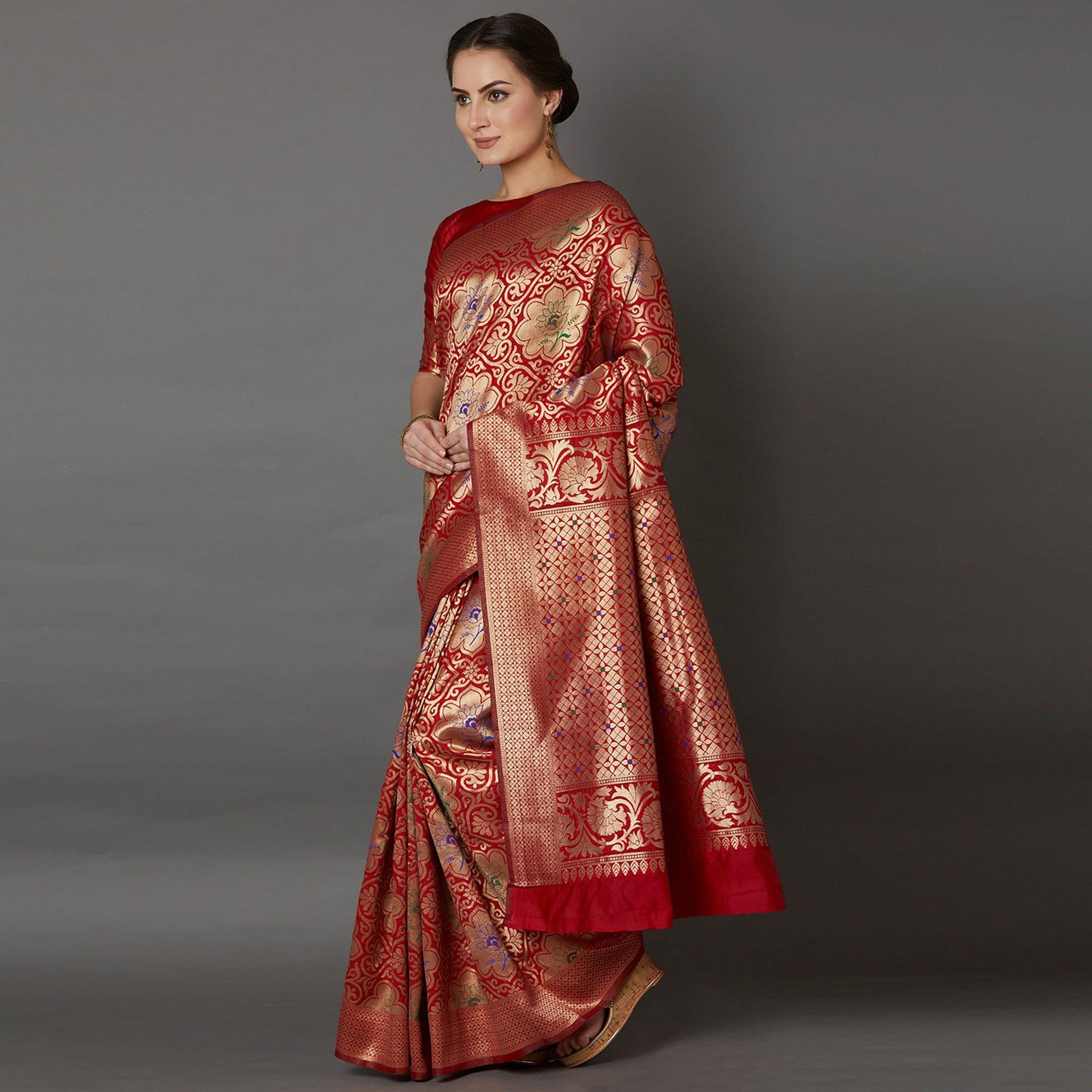 Dazzling Red Colored Festive Wear Woven Silk Saree