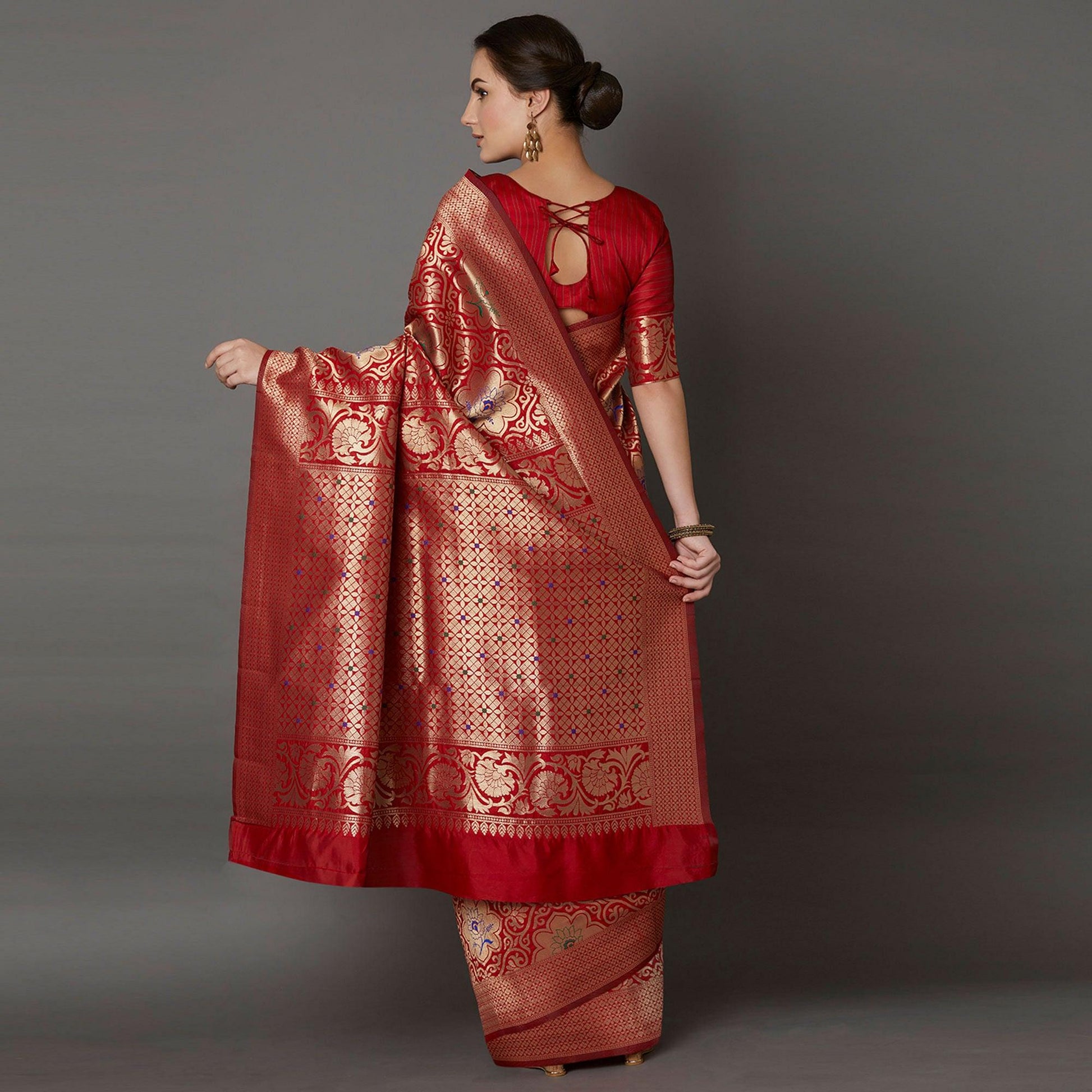 Dazzling Red Colored Festive Wear Woven Silk Saree