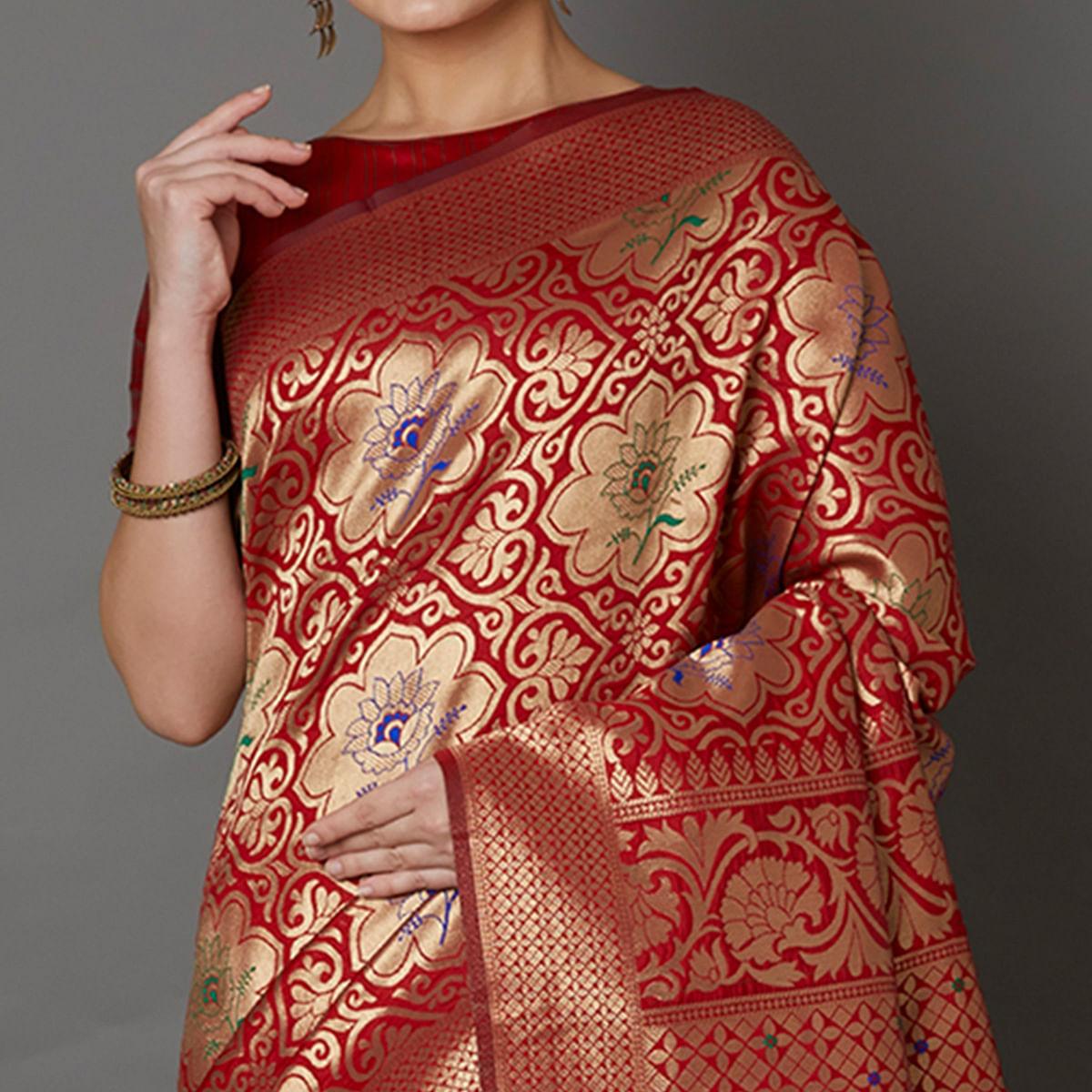 Dazzling Red Colored Festive Wear Woven Silk Saree