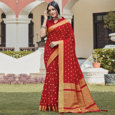 Dazzling Red Coloured Casual Wear Woven Handloom Silk Saree