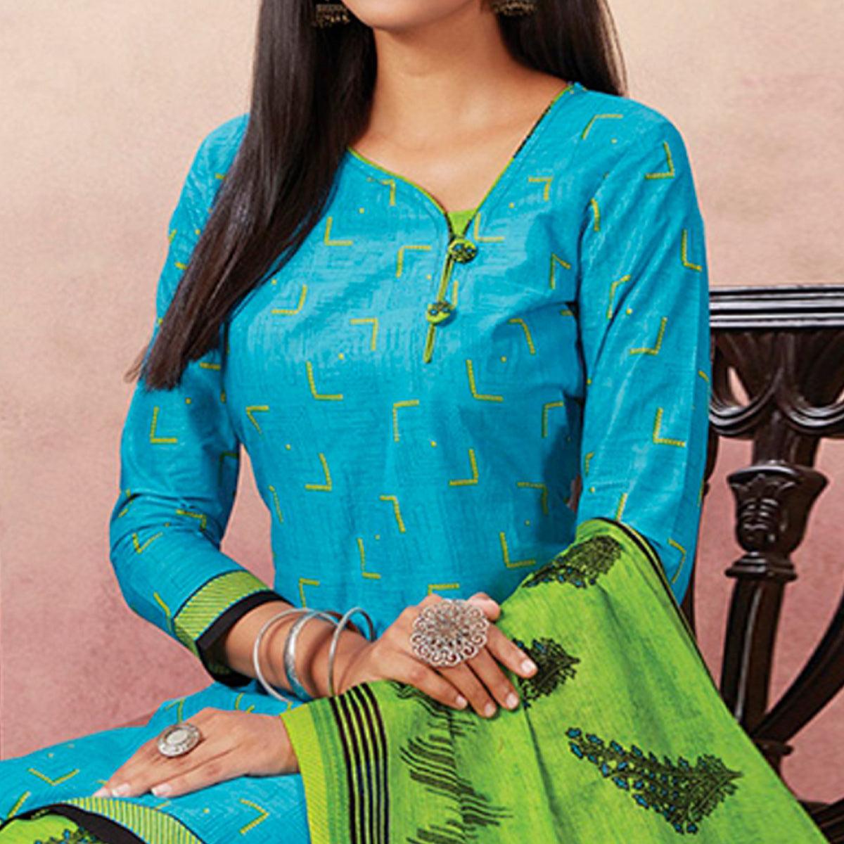 Dazzling Sky Blue Colored Casual Wear Printed Pure Cotton Patiala Dress Material