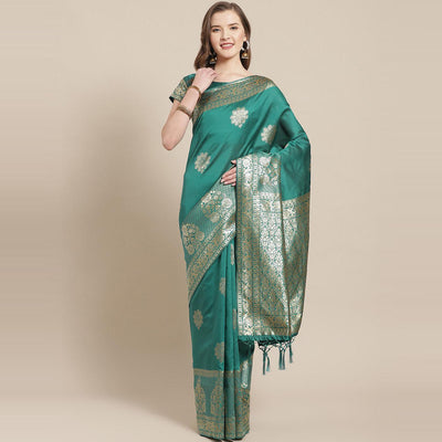 Dazzling Teal Green Colored Festive Wear Woven Silk Blend Saree