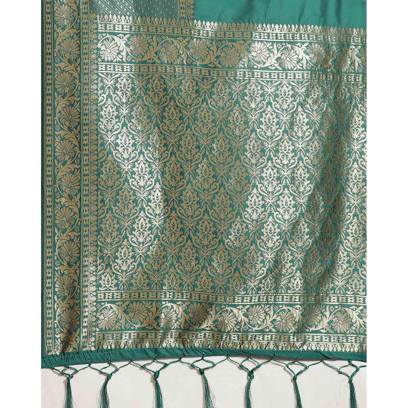 Dazzling Teal Green Colored Festive Wear Woven Silk Blend Saree
