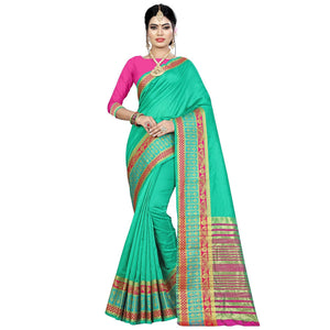 Dazzling Turquoise Green Colored Festive Wear Woven Art Silk Saree