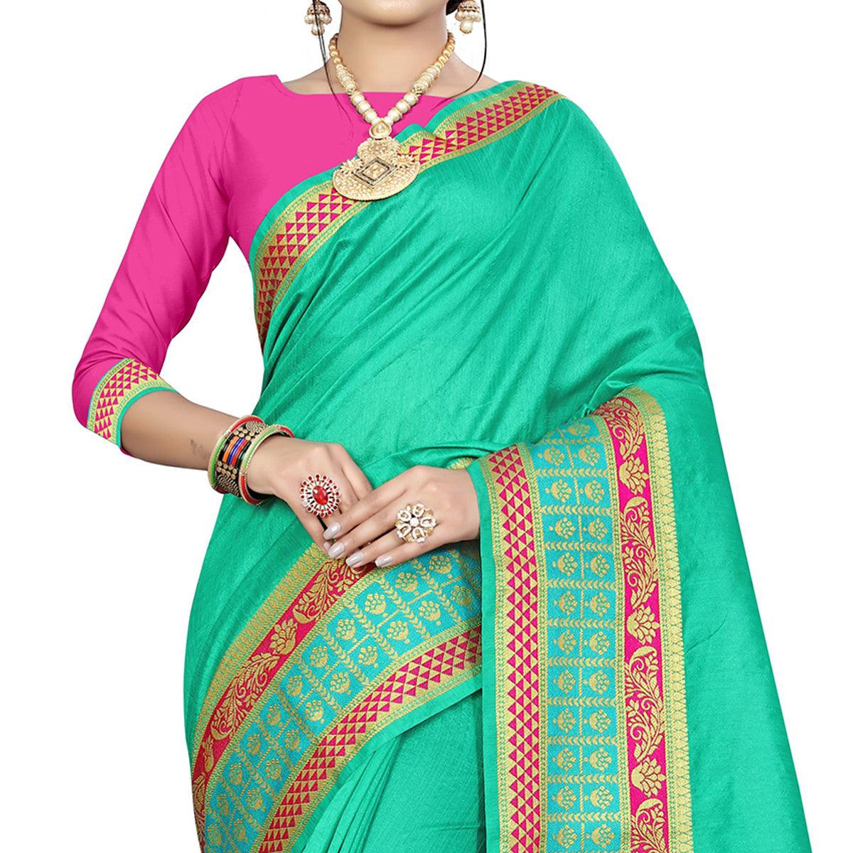 Dazzling Turquoise Green Colored Festive Wear Woven Art Silk Saree