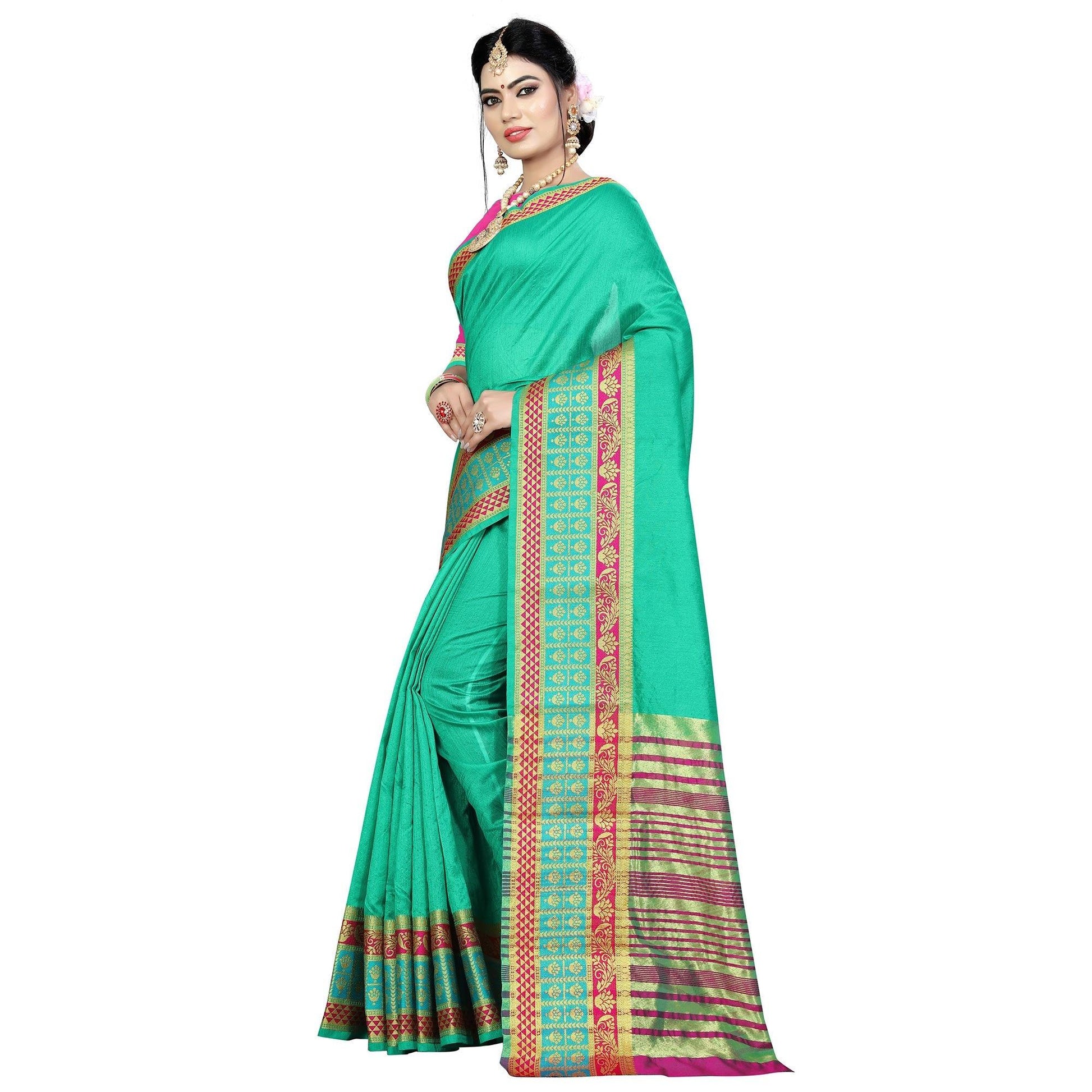 Dazzling Turquoise Green Colored Festive Wear Woven Art Silk Saree
